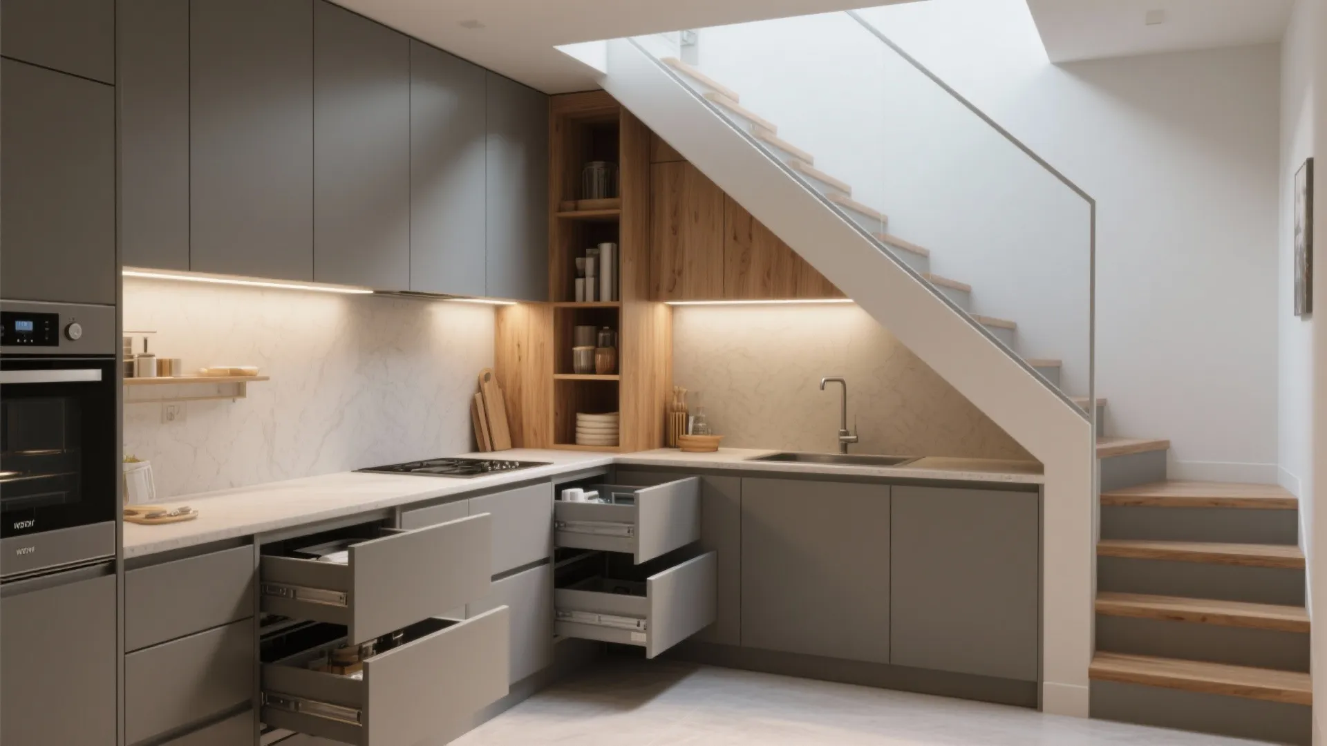 Minimalist kitchen storage that works double duty