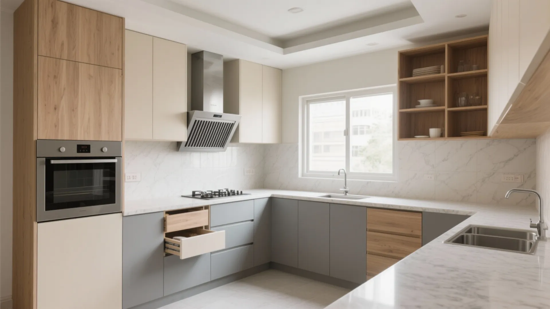 Minimalist kitchen with grey and wood cabinets marble wall built in oven stove and window
