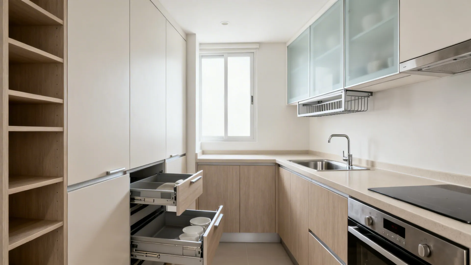 Compact minimalist HDB kitchen with tall pull-outs, open ledges, and a slim dish rack above the sink.