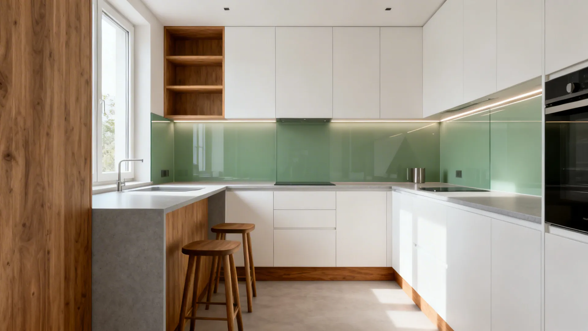 Modern white kitchen with green glass wall, wooden stools, stone counter, and large bright window