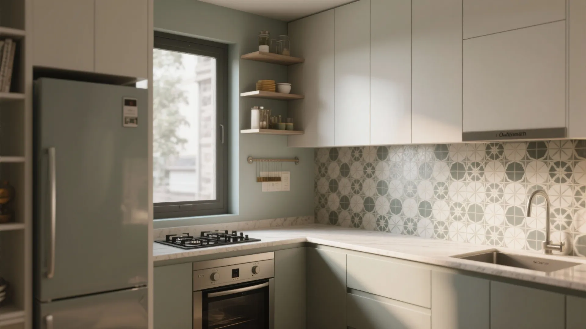 Modern small kitchen with green cabinets white wall tiles a gas stove and large window