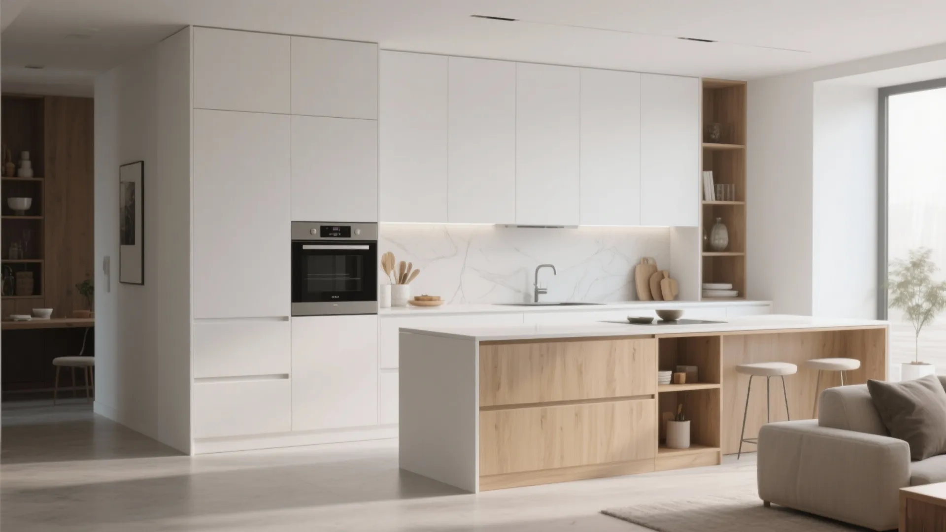 Minimalist kitchen storage with sleek cabinets in open plan space
