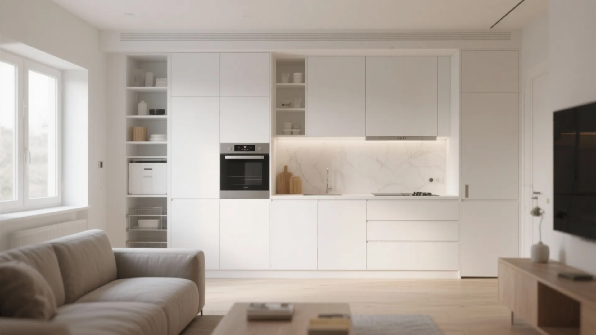 Minimalist white kitchen with built in storage cabinets oven wooden floor and grey fabric sofa