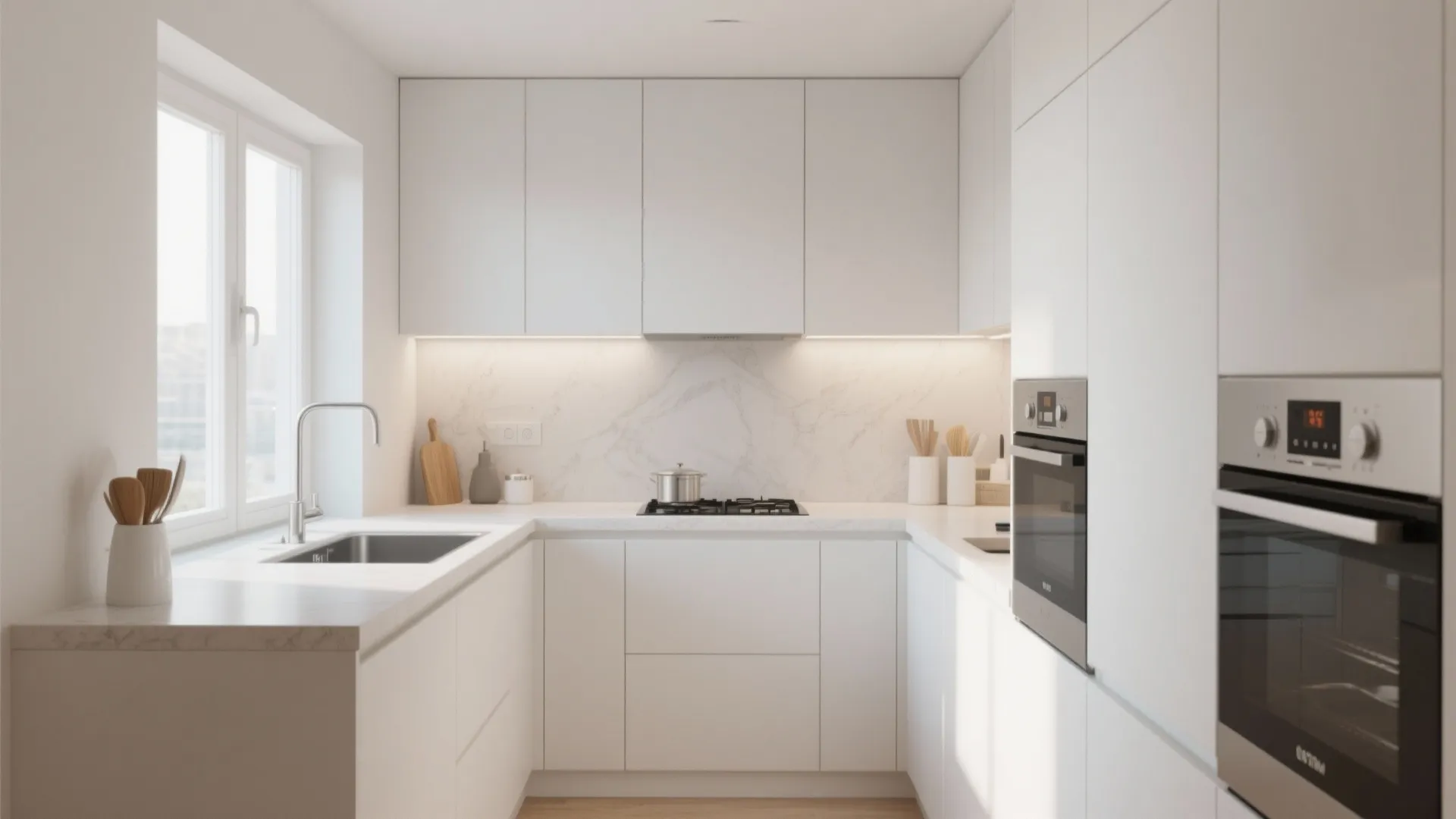 Minimalist white U-shaped kitchen with marble wall panel, silver oven, large window, and clean cabinets