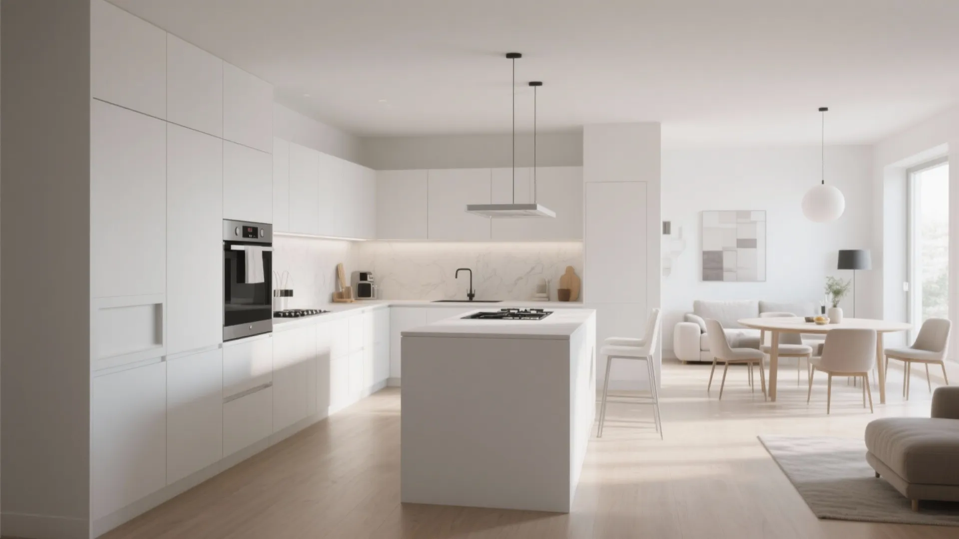 White minimalist kitchen with tall cabinets island and dining table in bright open living area