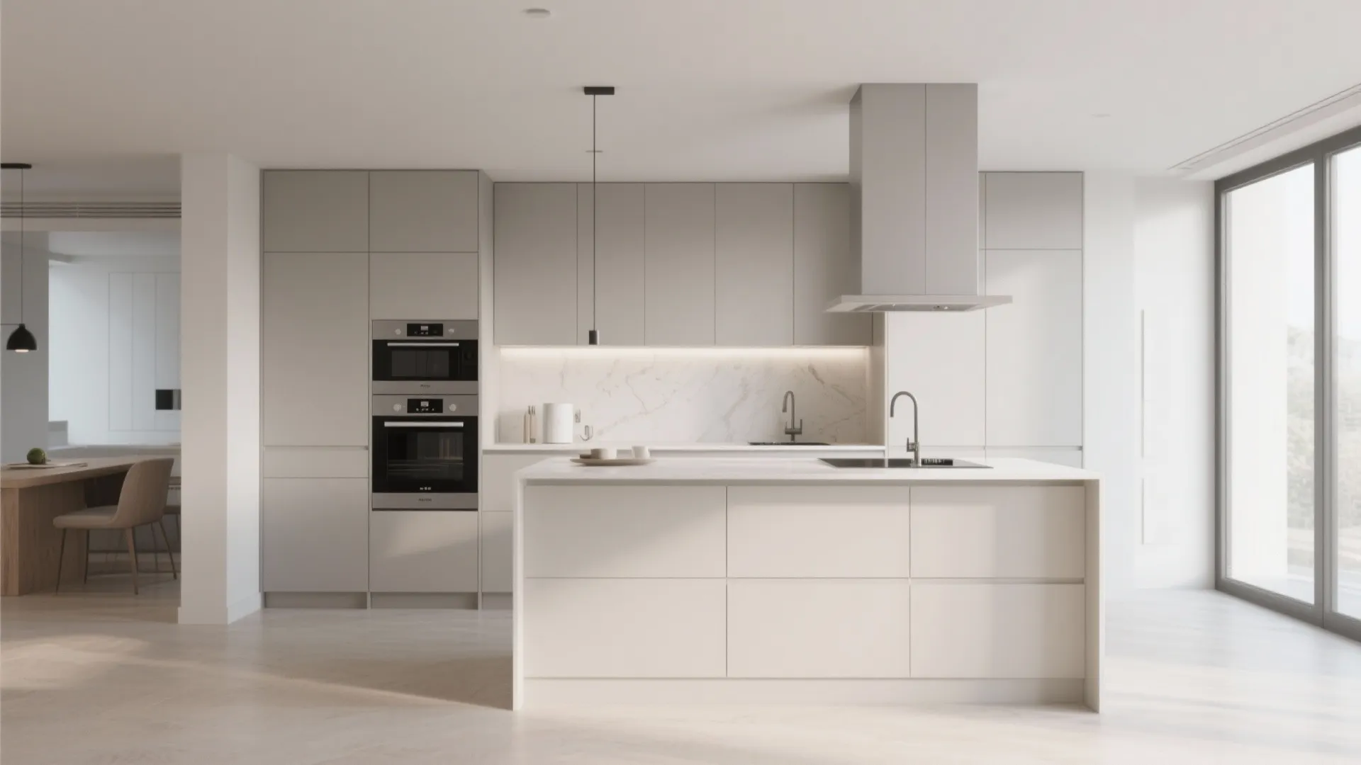 Minimalist white kitchen with large island sink grey cabinets tall storage units and bright natural light