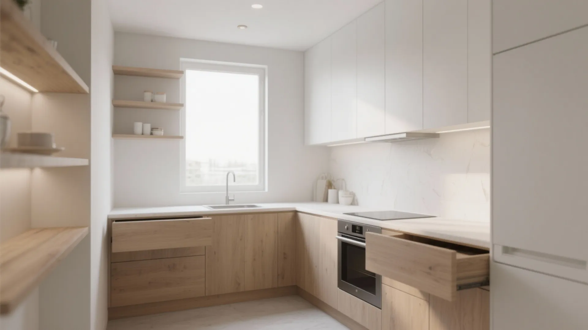 Modern minimalist kitchen with light wood cabinets open drawers white counters and a bright window