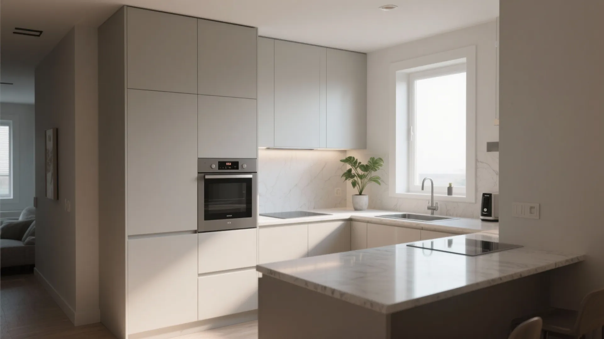 Minimalist grey kitchen cabinets with marble countertop plus window and green plant in white pot