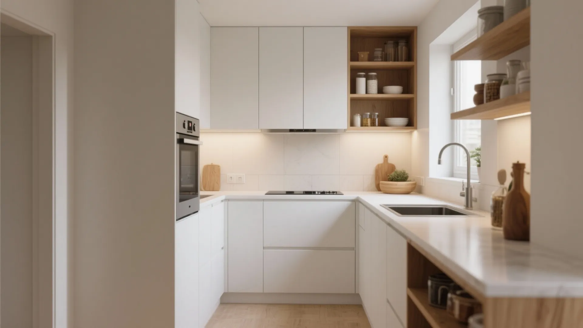 Minimalist kitchen with sleek cabinets and open shelves
