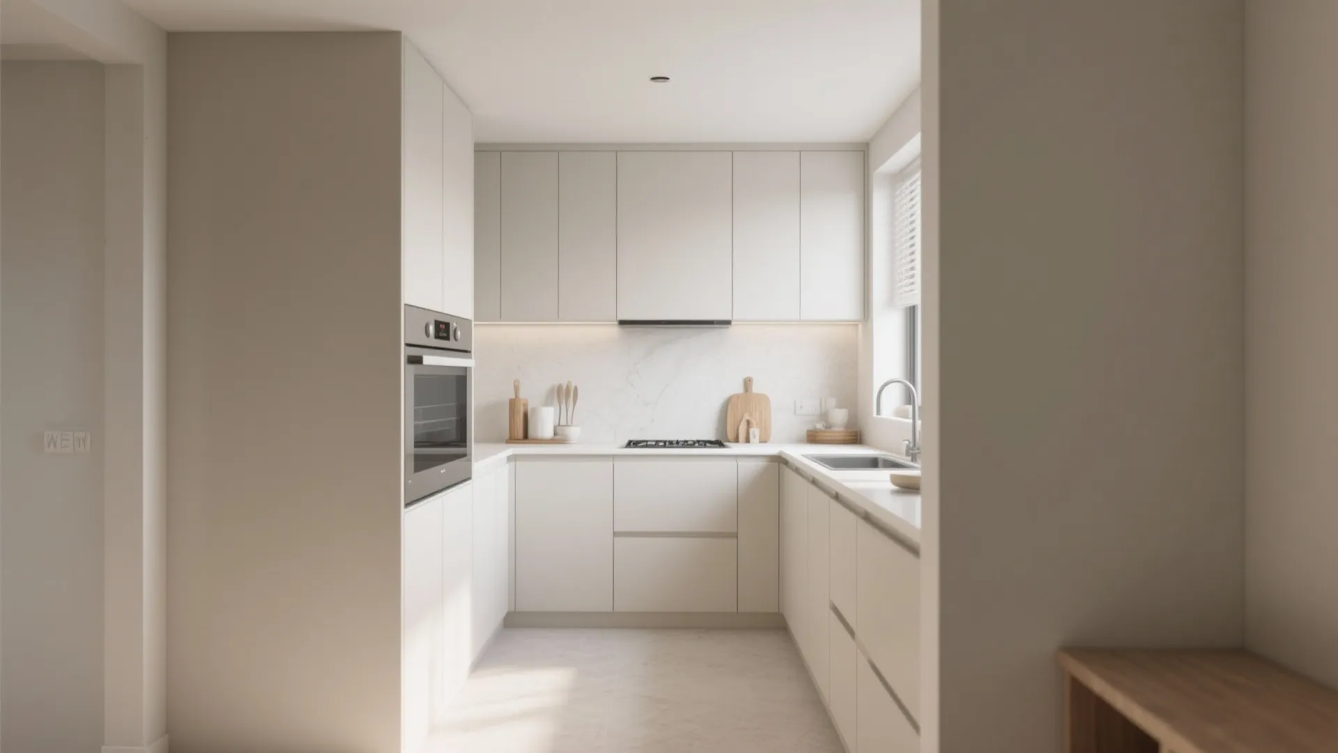 Minimalist white kitchen with white cabinets built in oven marble backsplash wooden cutting boards window