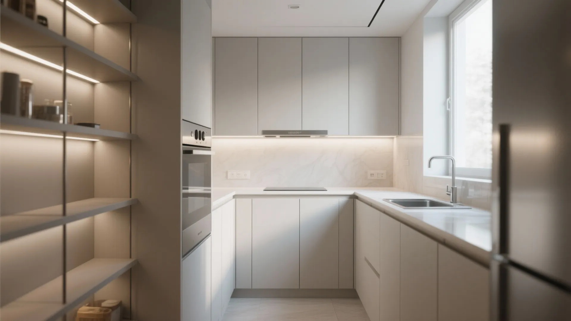 Modern white minimalist kitchen featuring built in shelves with lights and a neat cabinet layout