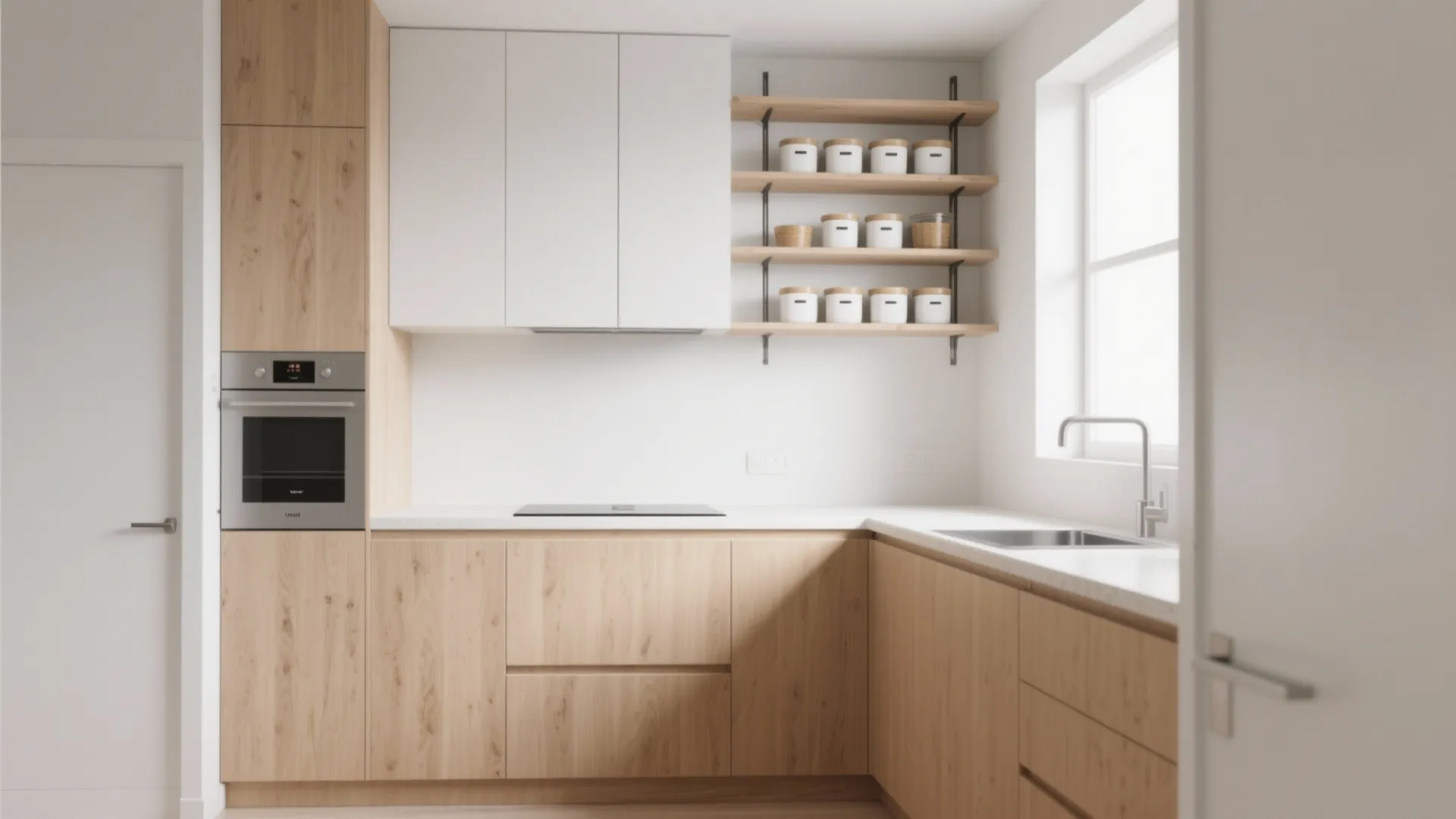 Minimalist kitchen with light wood cabinets, white upper storage, open wooden shelves, and built-in oven
