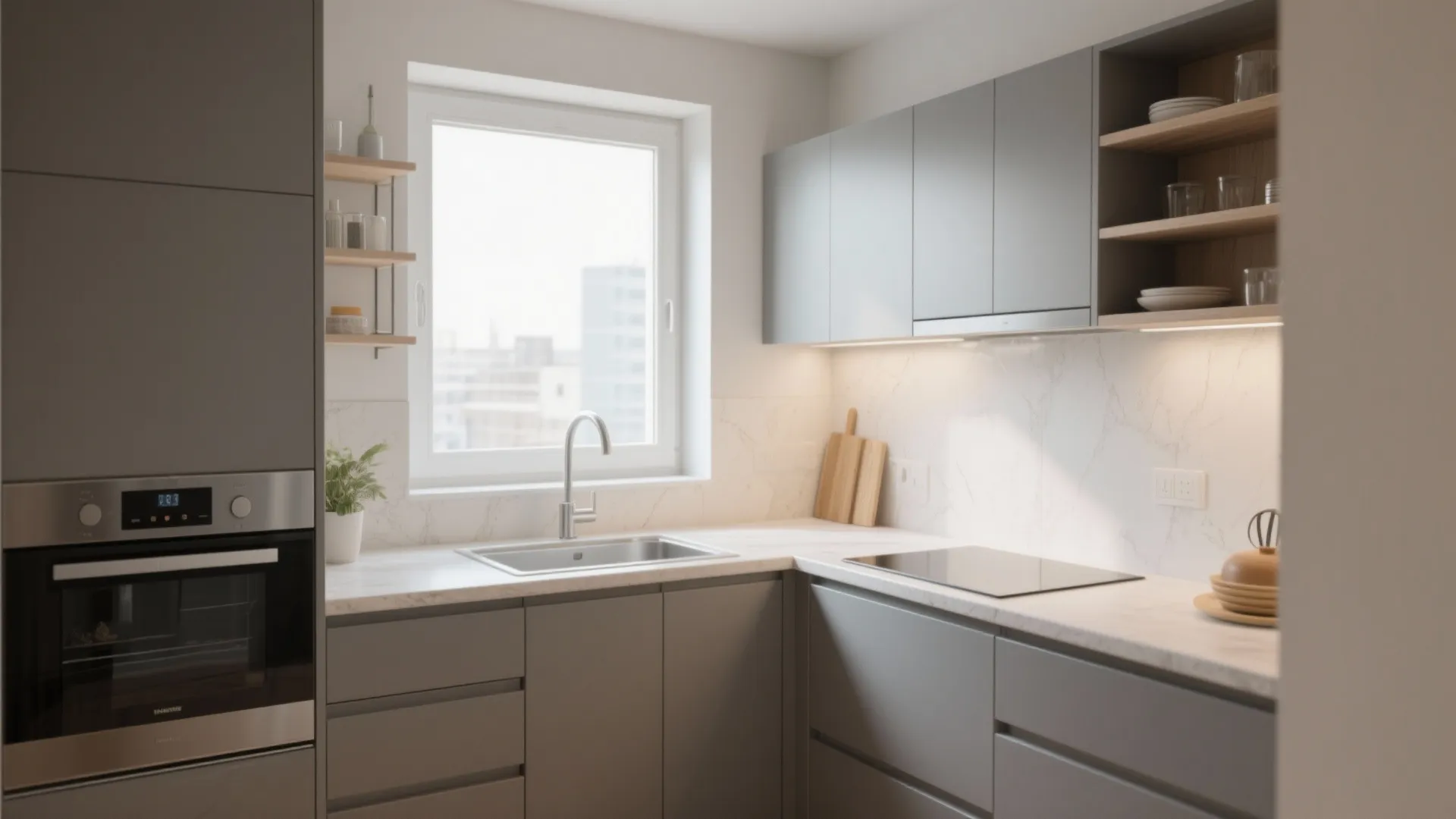 Modern minimalist kitchen with grey cabinets white marble backsplash sink oven and natural light from window