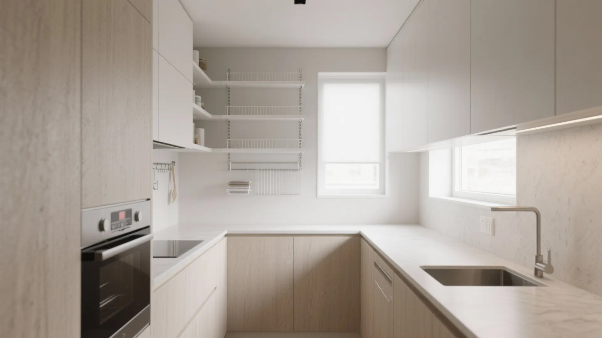 Minimalist kitchen with light wood cabinets white countertops wall shelves and a black wall oven