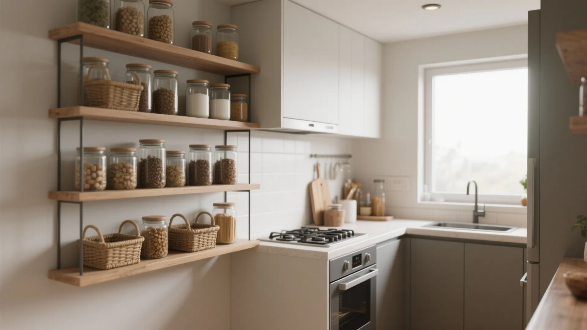 Minimalist kitchen design with wooden wall shelves holding glass jars next to a white stove