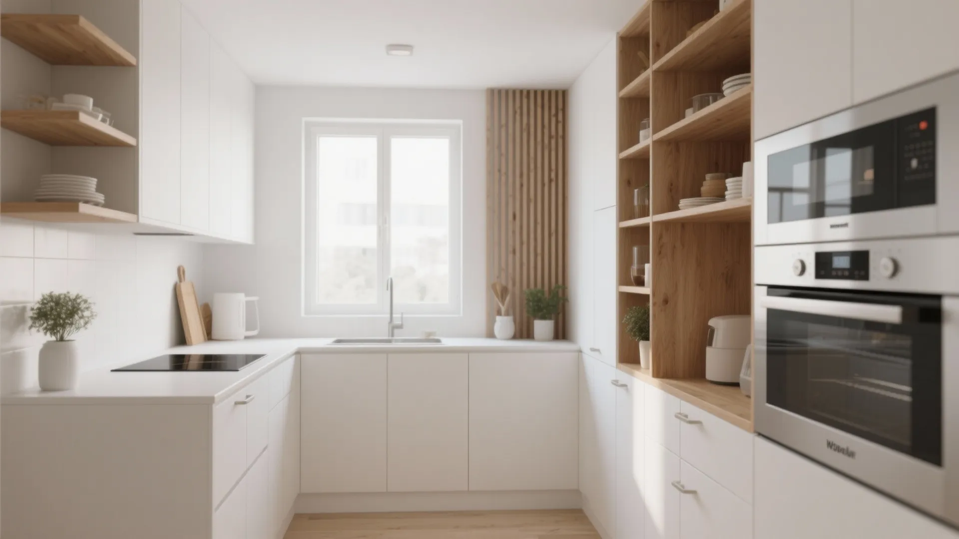 Minimalist white kitchen with wooden open shelves, built-in oven, microwave, clean cabinets, and natural light