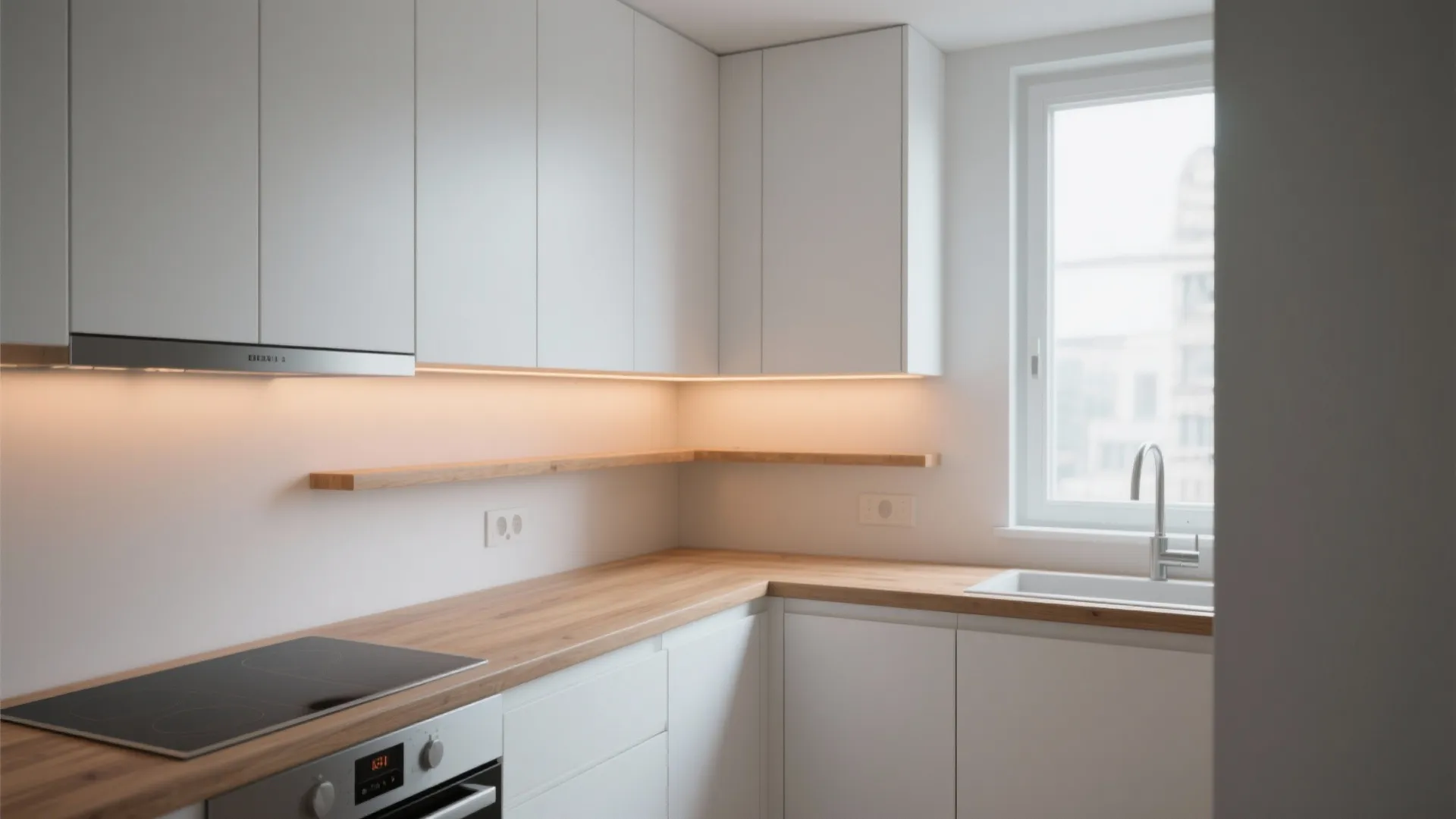Modern white kitchen with wooden countertop open shelves under cabinet lights and a small window