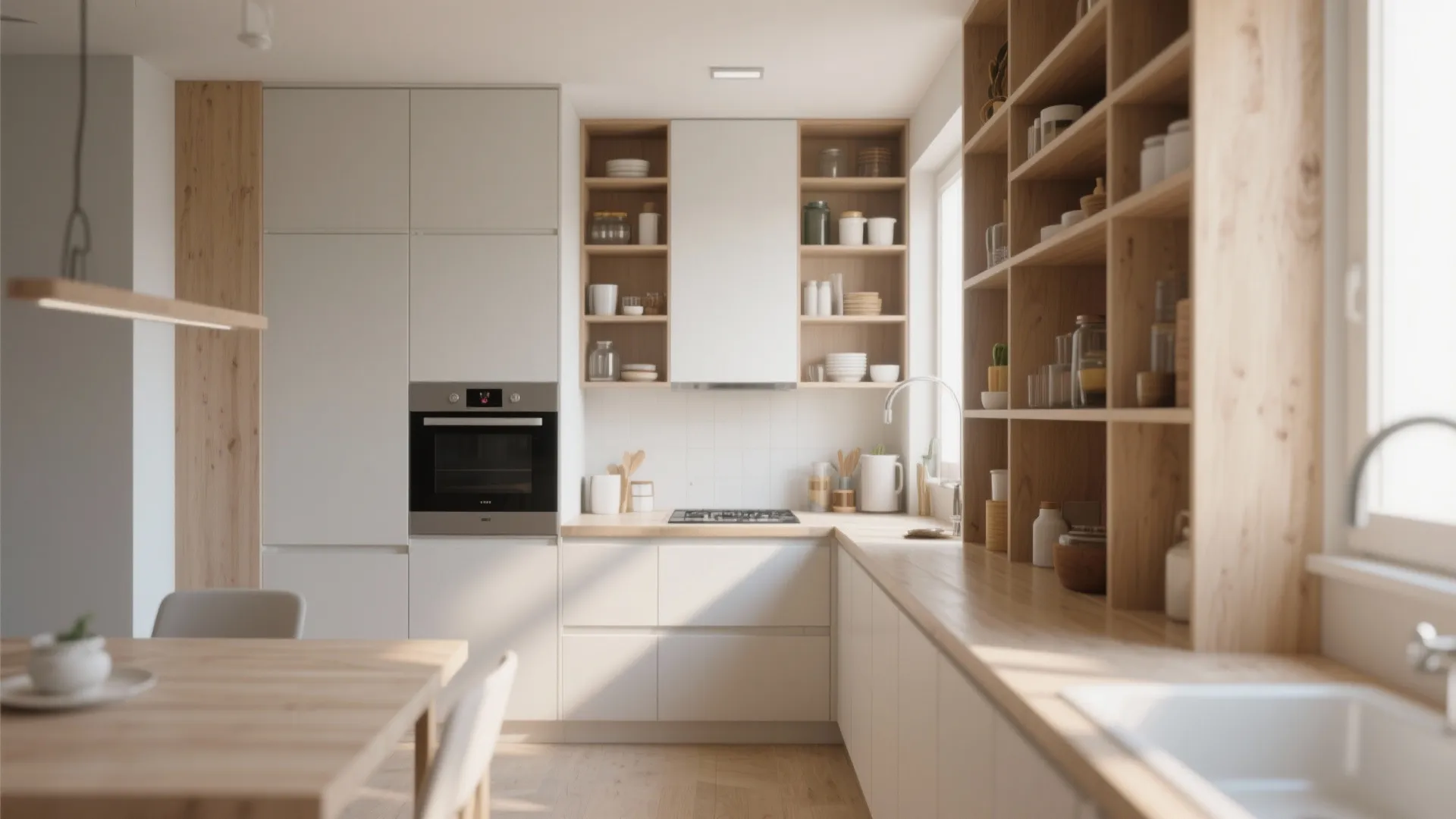 Modern minimalist kitchen featuring white cabinets wood shelves integrated oven and bright natural window lighting