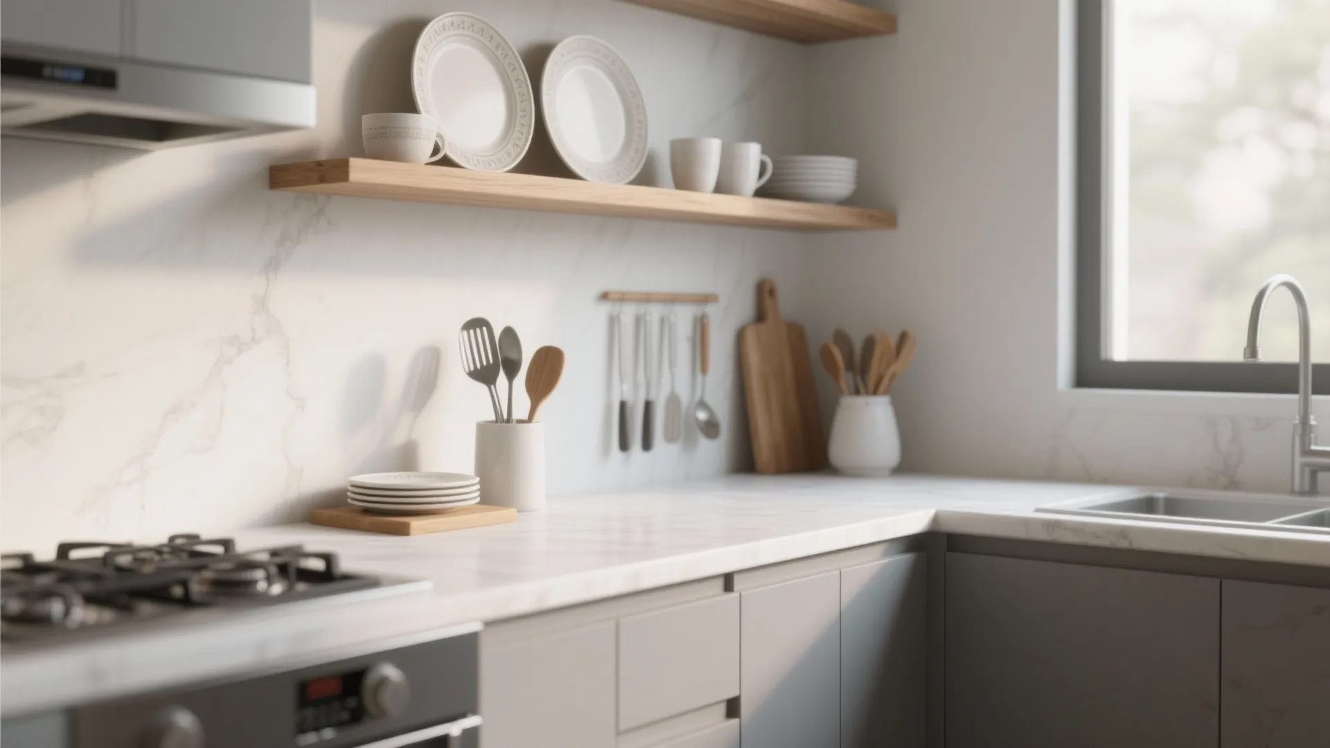 Modern kitchen with white marble countertop wooden wall shelves grey cabinets and a silver sink