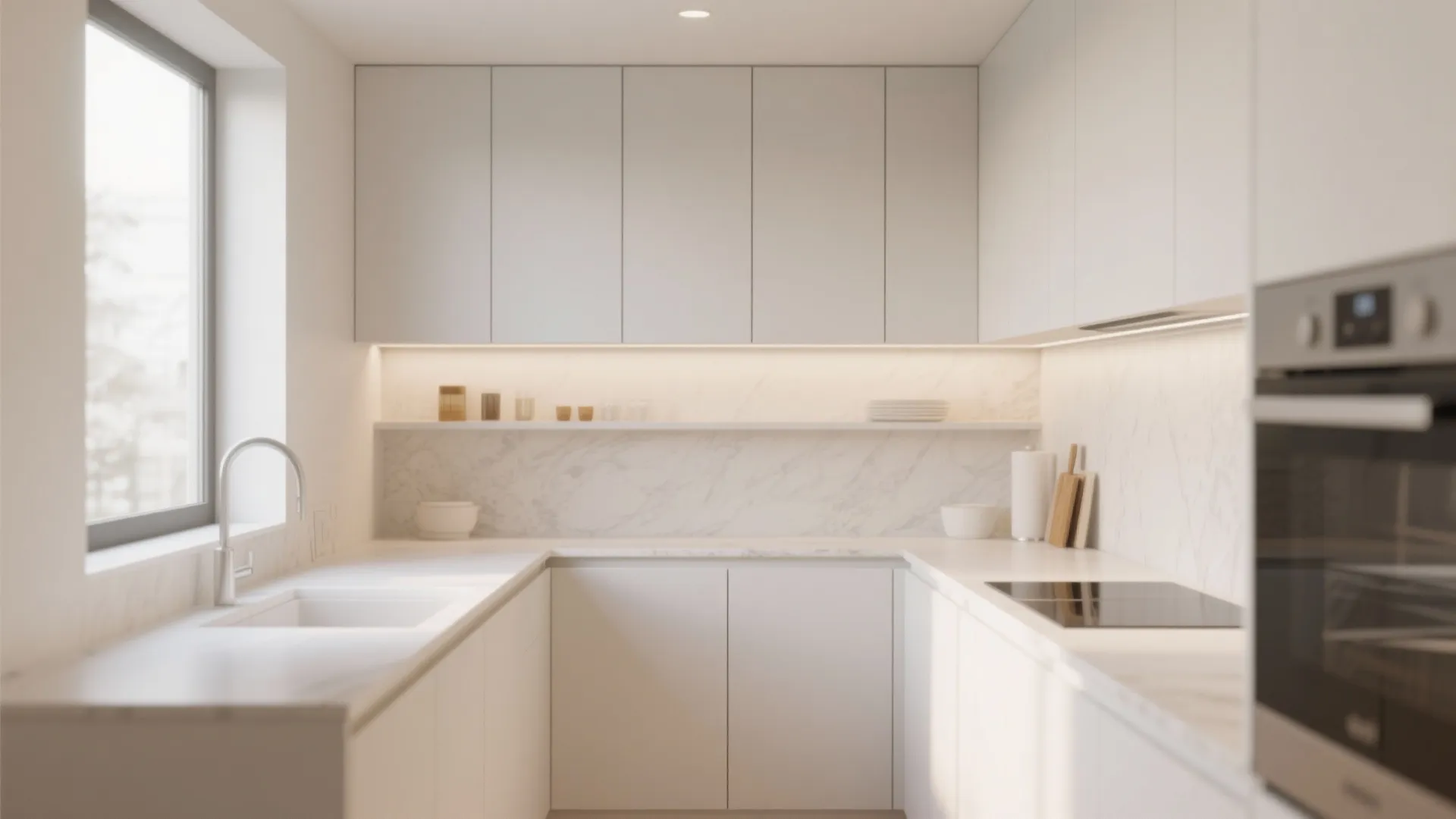 Minimalist white kitchen with hidden storage cabinets, marble backsplash, built-in oven, and clean u-shaped layout