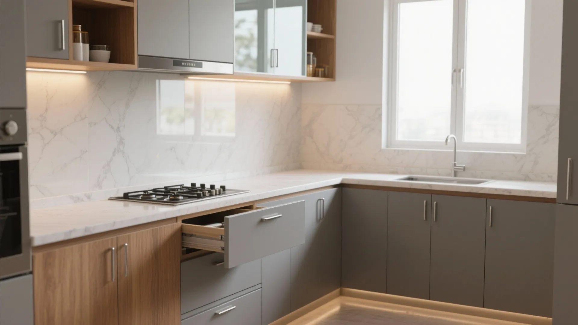 Minimalist grey and wood kitchen cabinets with an open drawer showing internal storage space organization