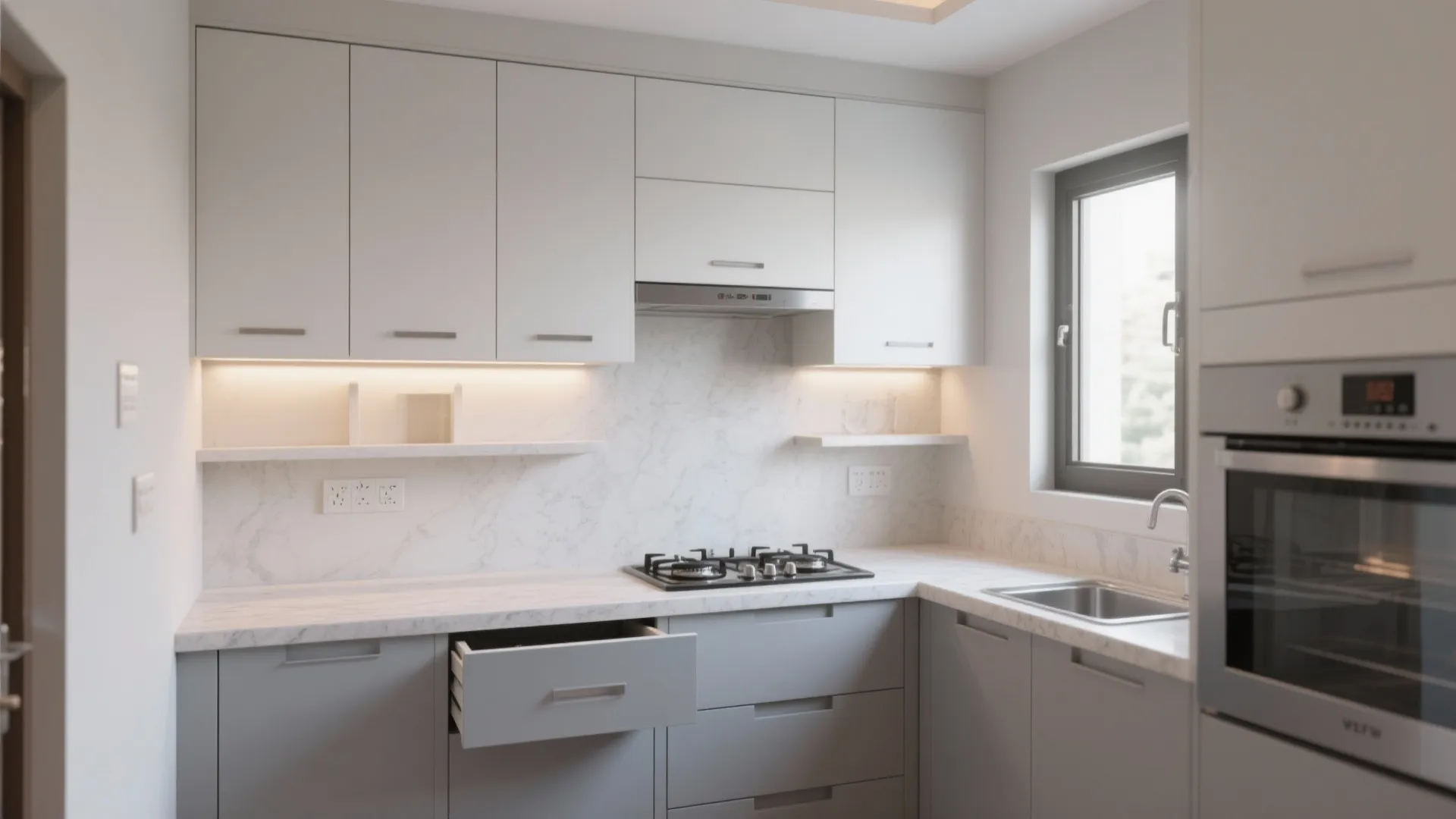 Modern grey kitchen with open storage drawer white marble countertop and built in cooking stove