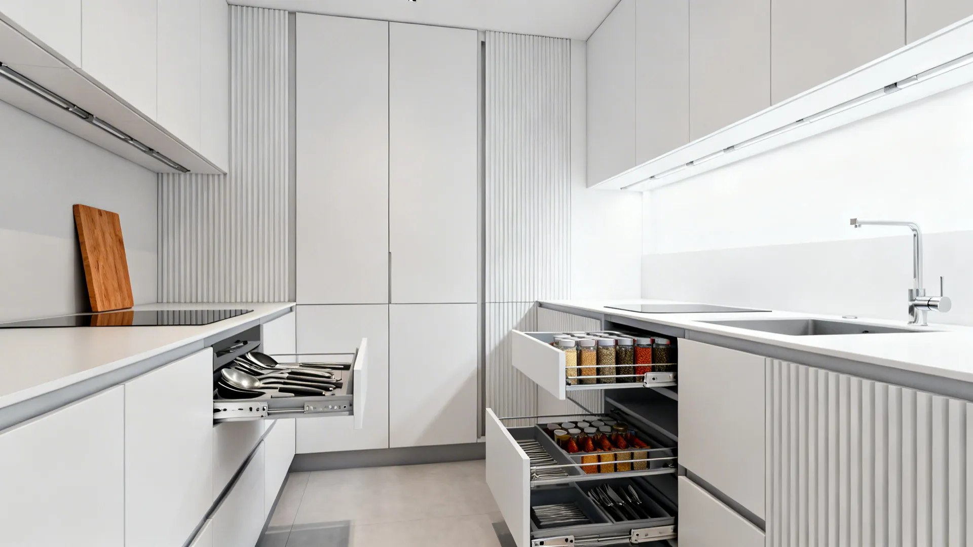 Compact minimalist kitchen with slim pull-outs, deep organized drawers, and toe-kick storage.