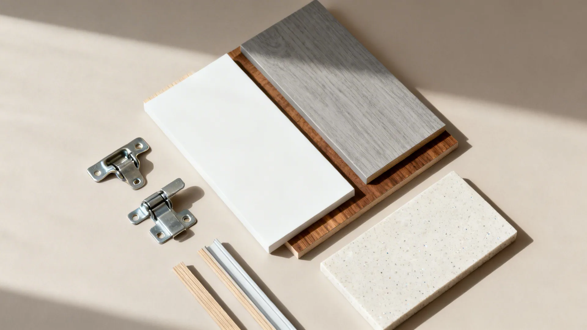 Flat lay of matte laminates, wood-look laminate, quartz, and hardware for a minimalist kitchen.