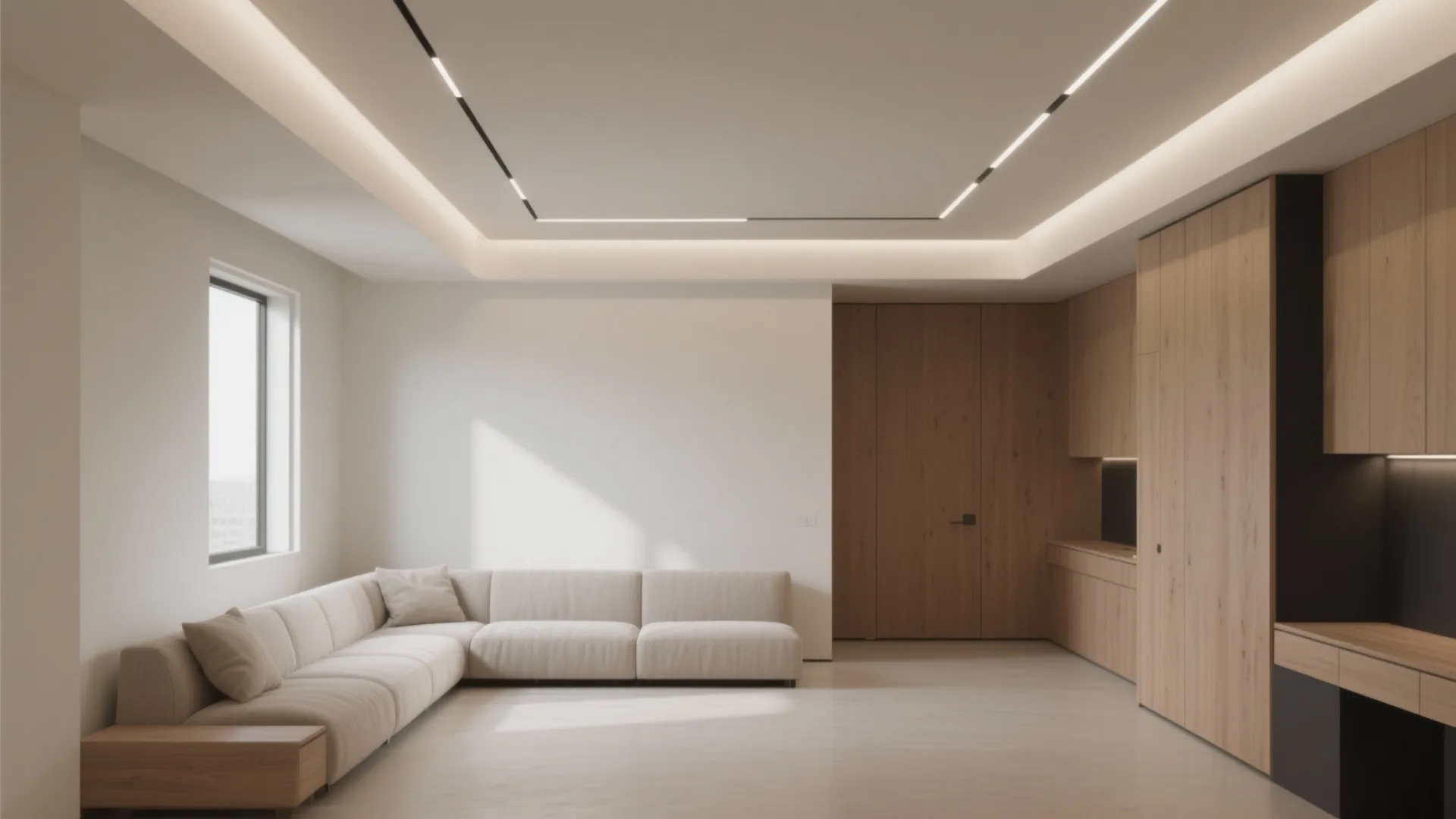 Minimalist living room featuring a beige sofa wooden cabinets recessed ceiling lights and a window