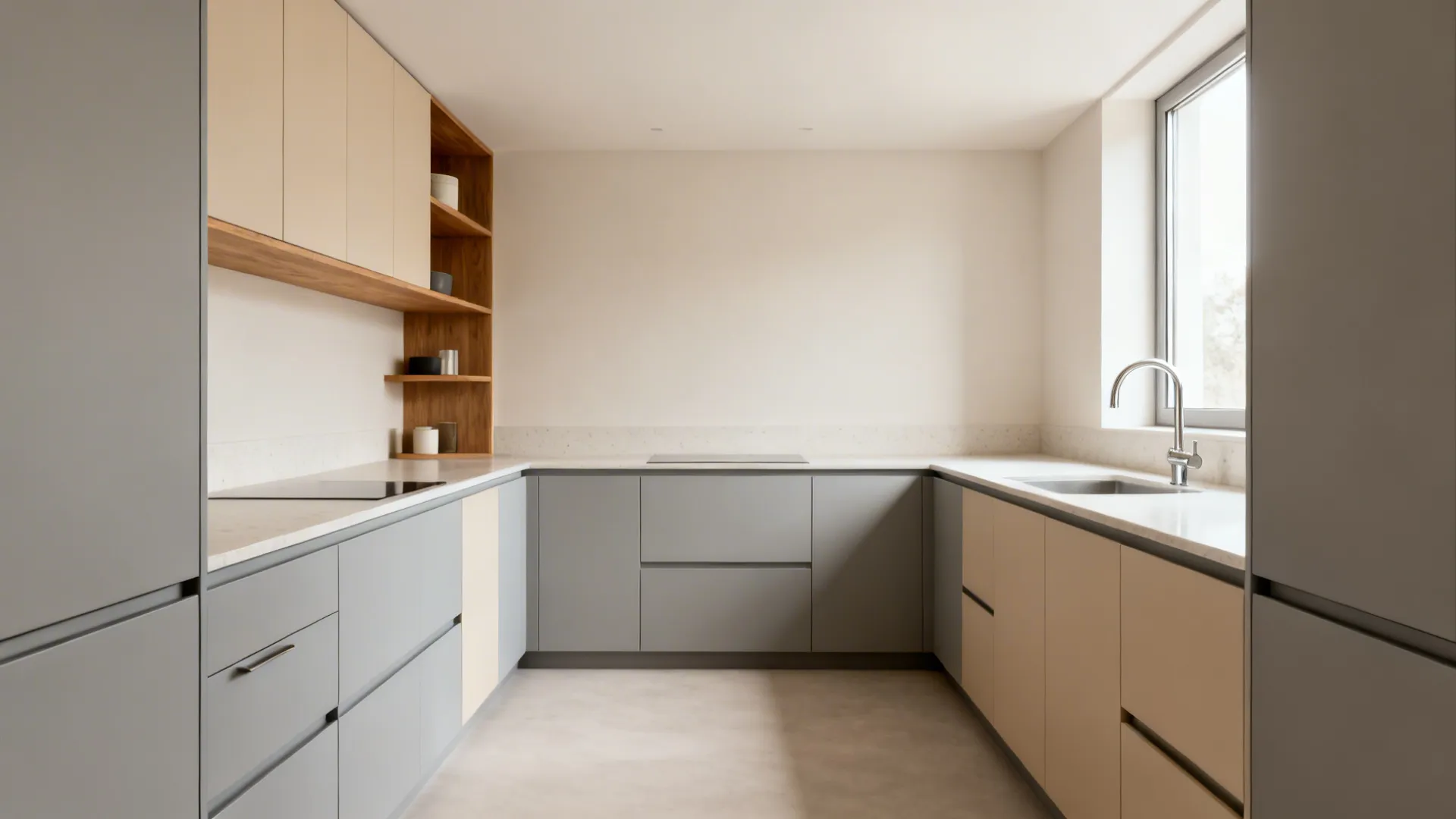 Minimalist L-shaped kitchen with shallow upper cabinets and open corner shelving in light neutrals.