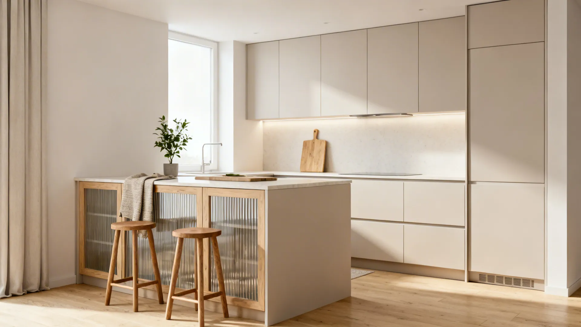Minimalist small L-shaped kitchen with handleless slab fronts, full-height pantry, and integrated lighting.