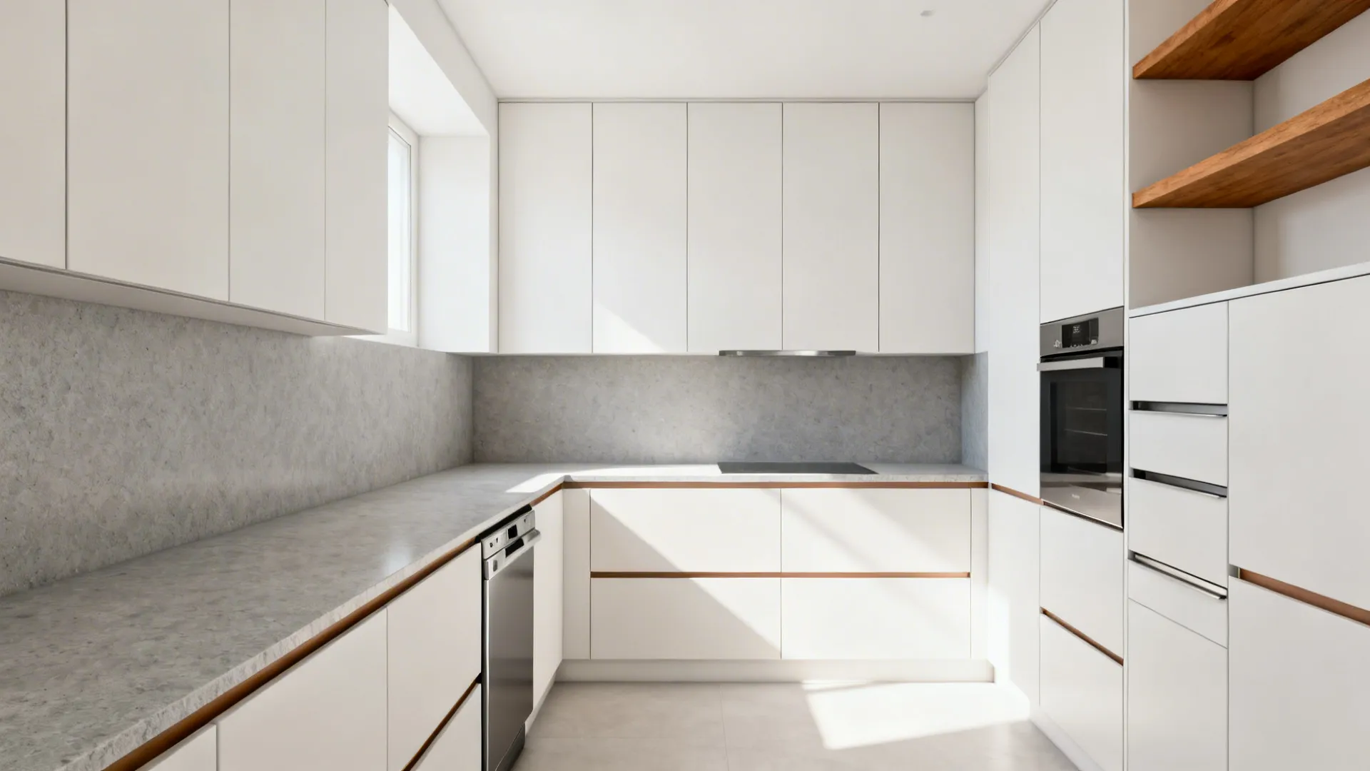 Minimalist white kitchen with grey stone countertop built-in oven open wood shelves and bright light
