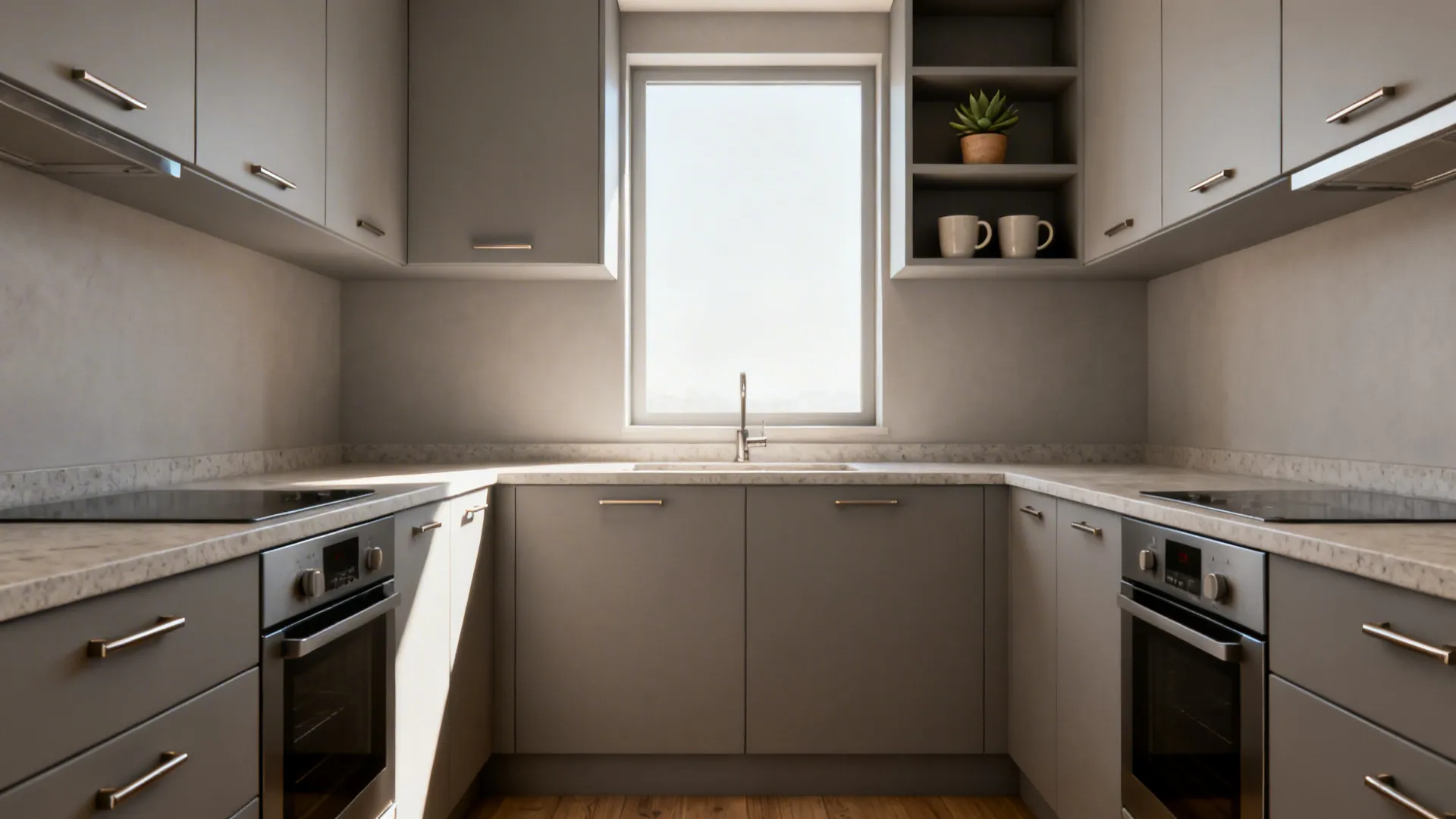 Minimalist L-shaped small kitchen with matte light-gray cabinets and a single open shelf.