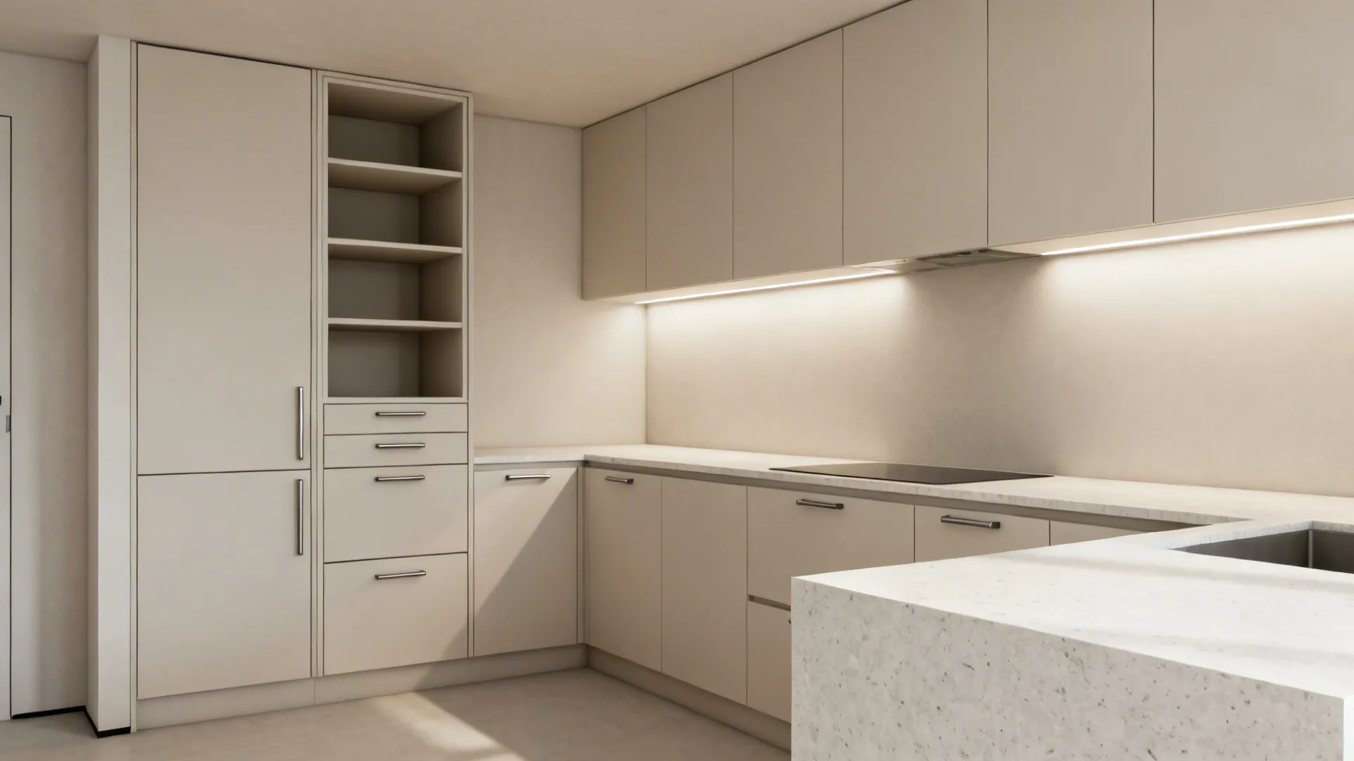 Modern minimalist kitchen with cream cabinets stone countertops warm strip lighting and integrated storage shelf