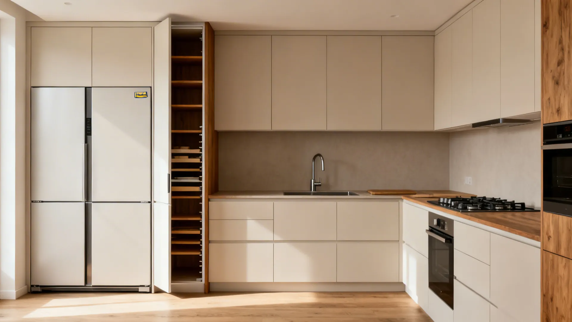 Minimalist L-shaped kitchen with tall pantry and shallow uppers maximizing vertical storage.