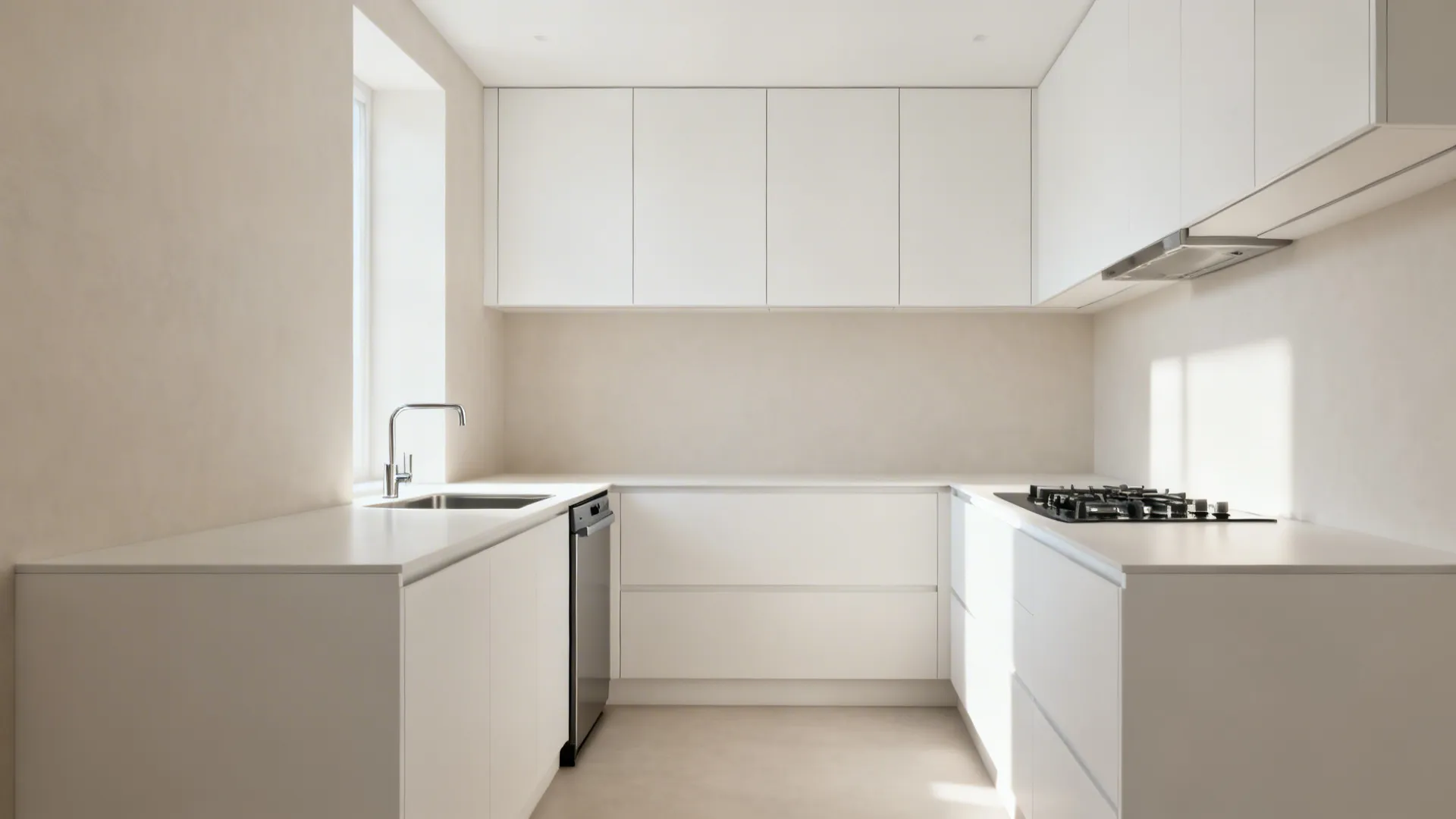 Modern minimalist white kitchen with white cabinets, stainless steel sink, black stovetop, and bright light