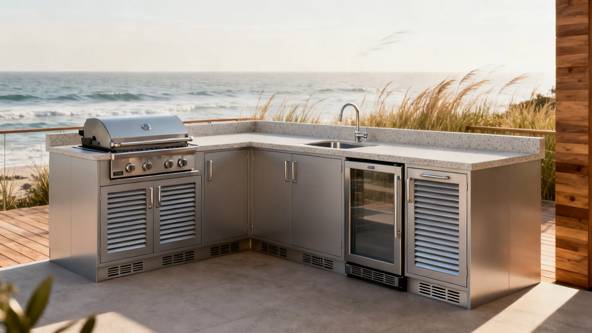 Minimalist L-shaped outdoor kitchen with powder-coated aluminum cabinets and stainless hardware on a coastal patio.