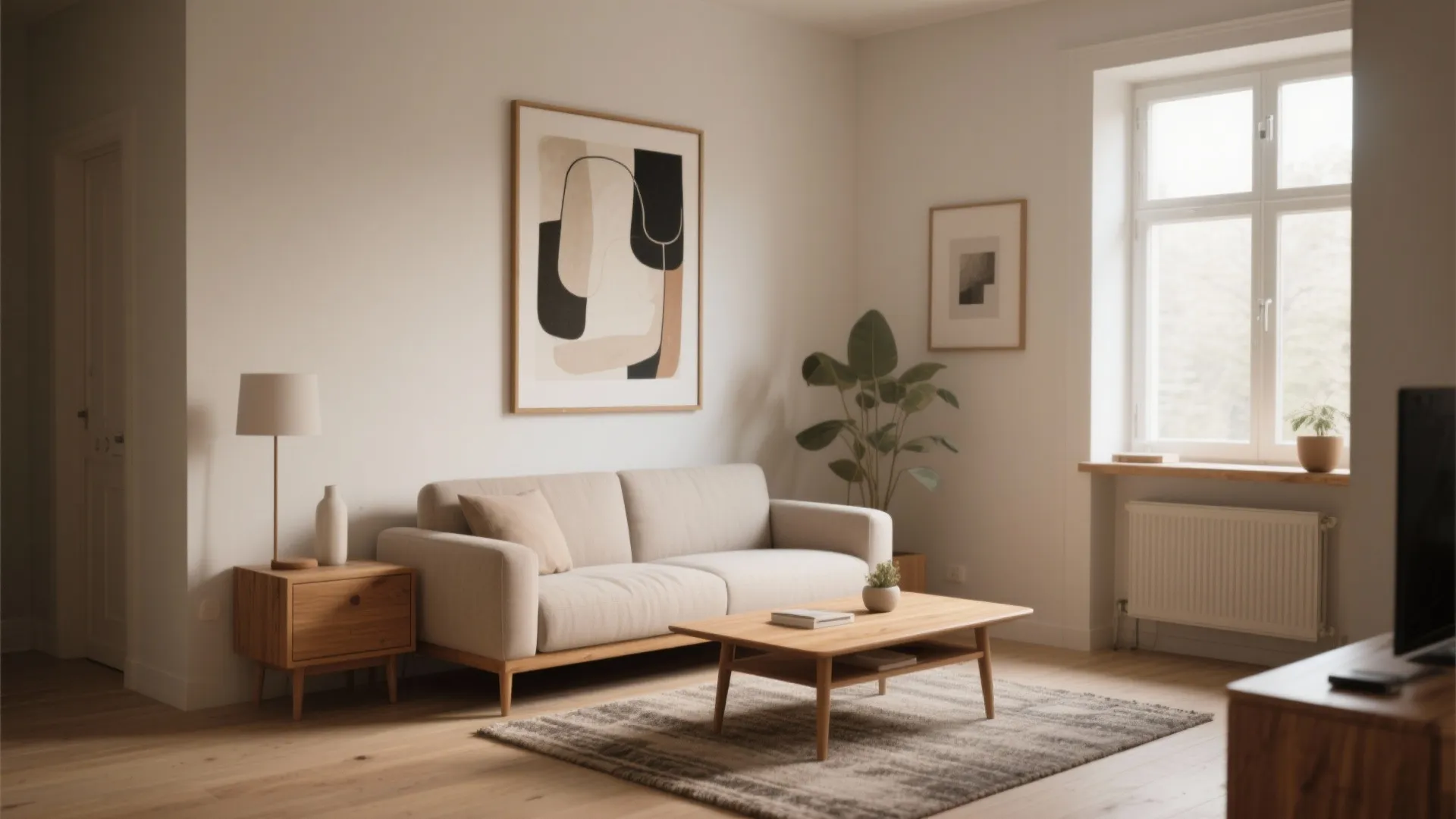 Minimalist living room with beige sofa wooden coffee table abstract wall art and bright window light