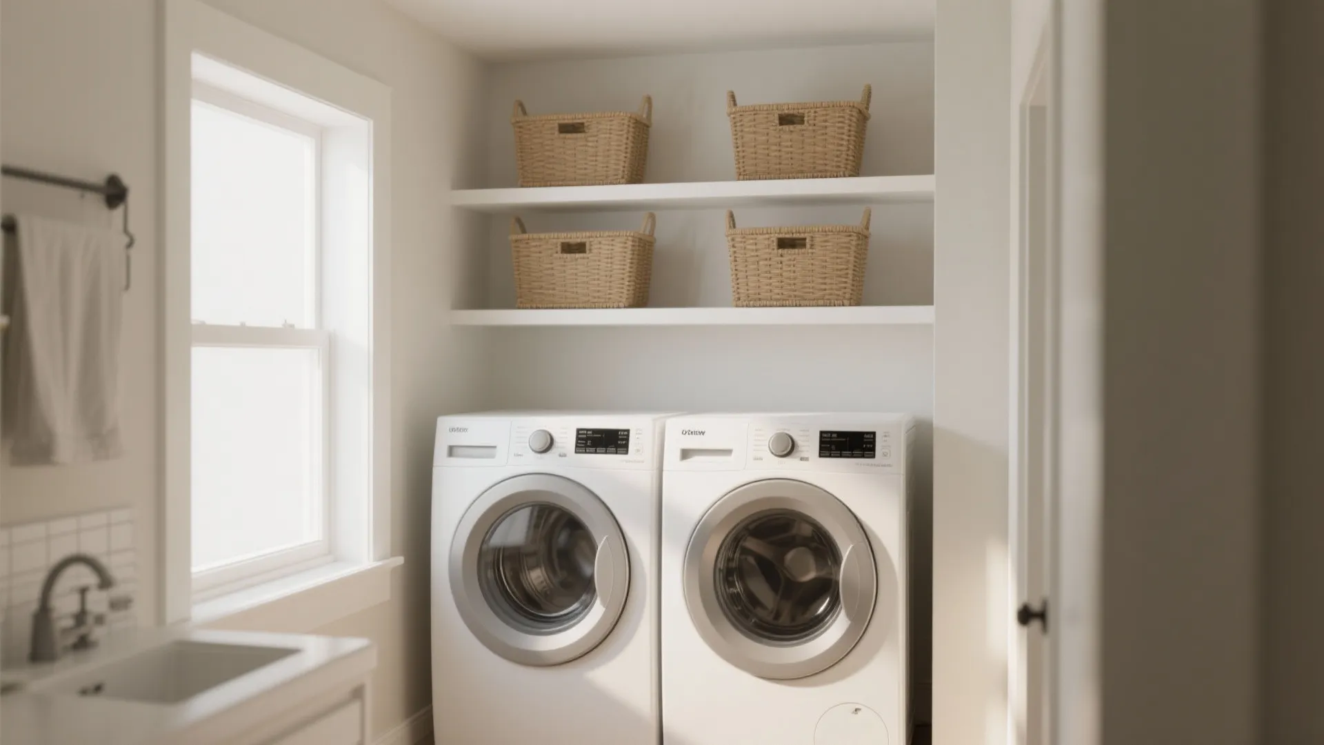 Bright laundry room featuring white washing machines and wooden storage baskets on white open shelves