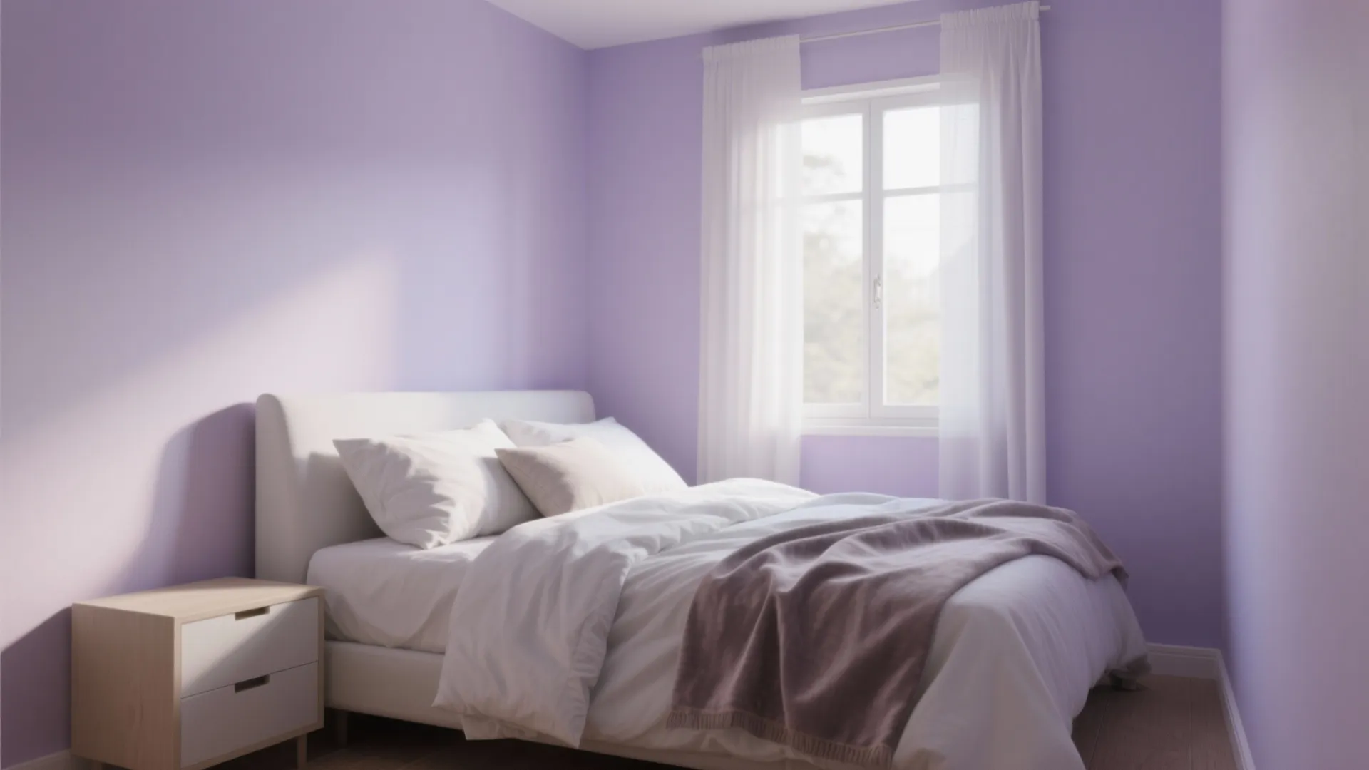 Minimalist bedroom featuring purple walls white bed bedside table white curtains and soft natural morning light