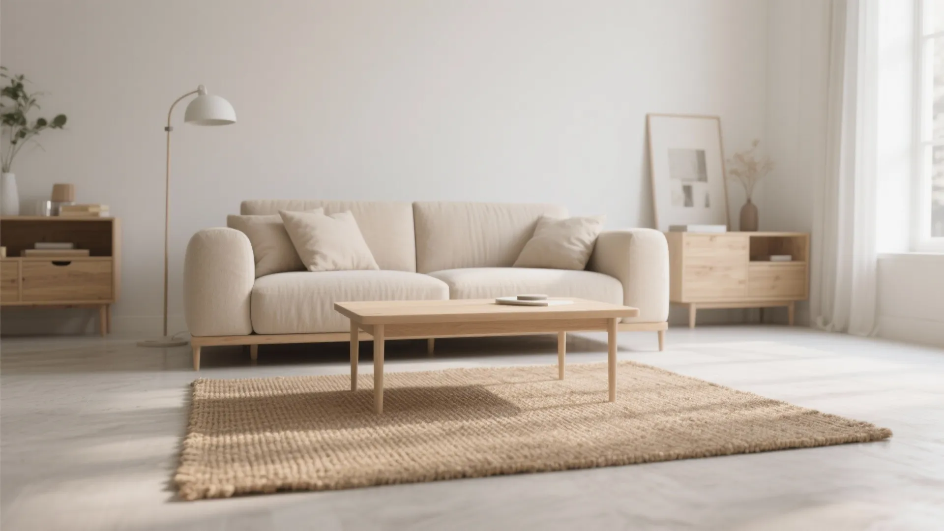 Neutral 5x7 rug layered over jute in a minimalist living room