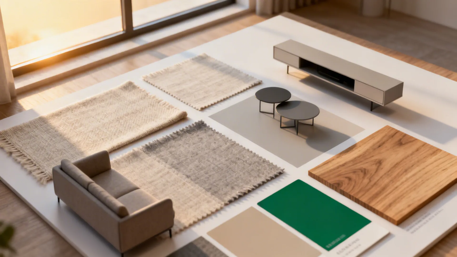 Material flatlay showing linen, wood samples, neutral paint chips and a bold green accent for a minimalist living room.