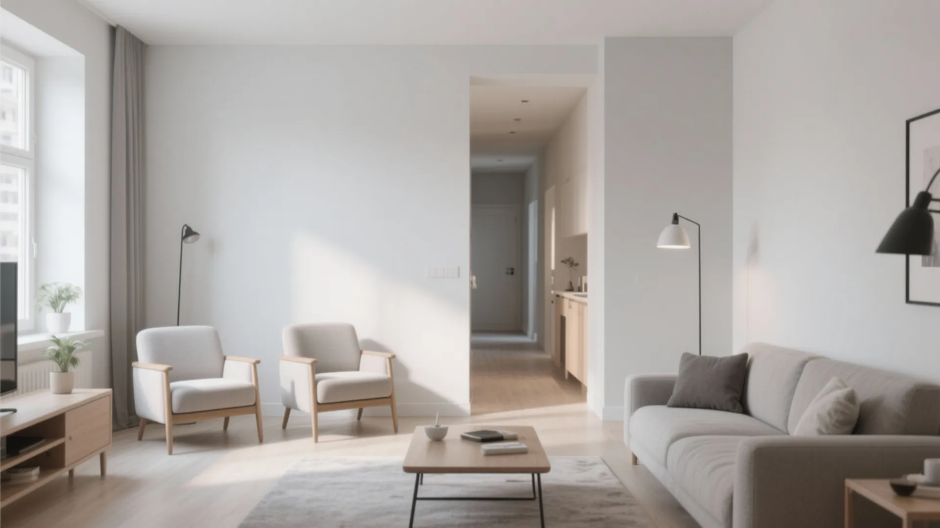 Minimalist living room layout with open space and clean lines