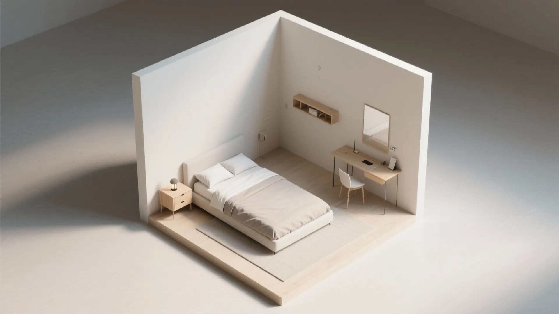 Minimalist bedroom interior design drawing with white bed wood floor desk chair and wall shelf