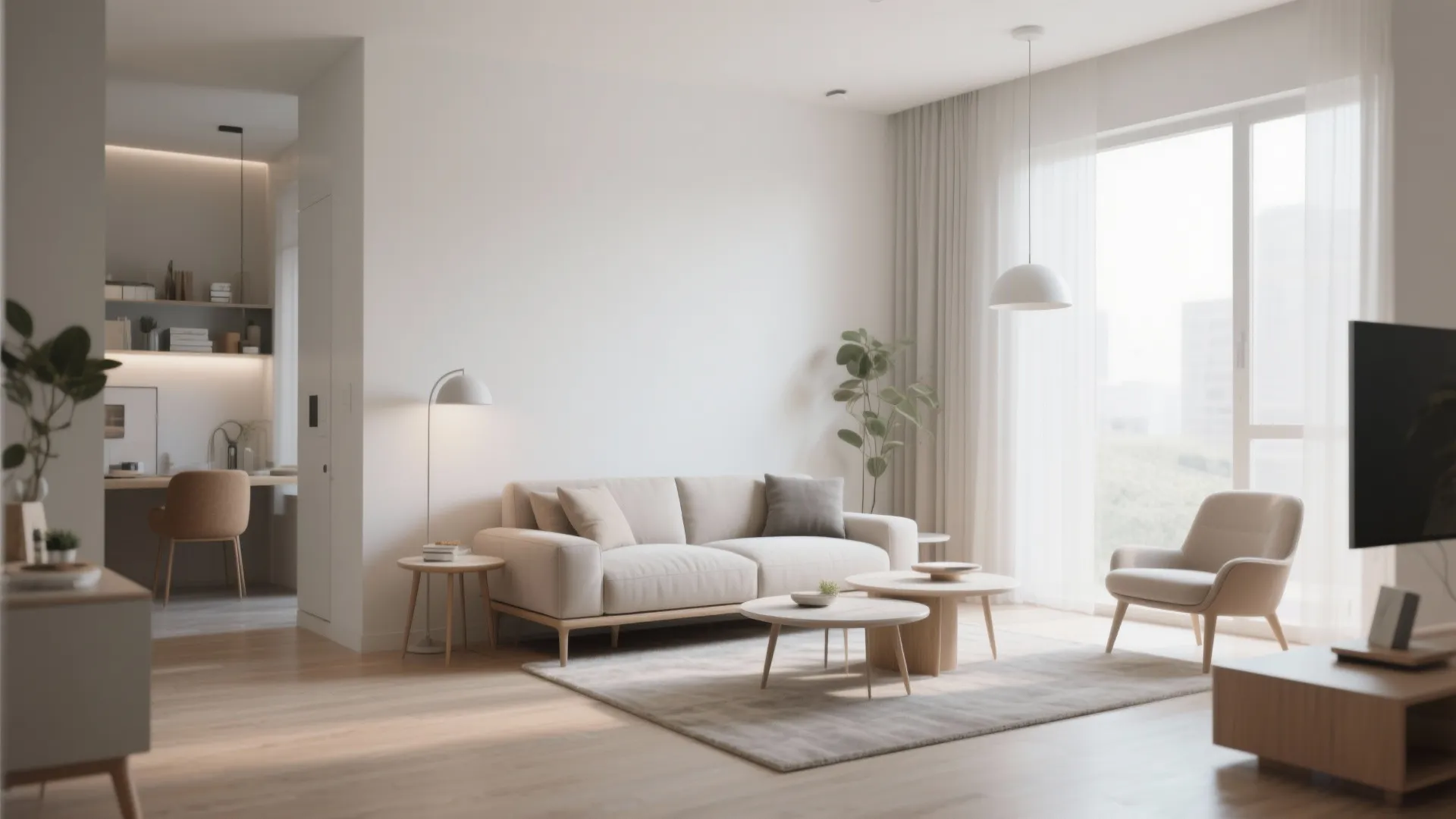 Minimalist living room featuring cream sofa, wooden coffee tables, rug, floor lamp, and large window