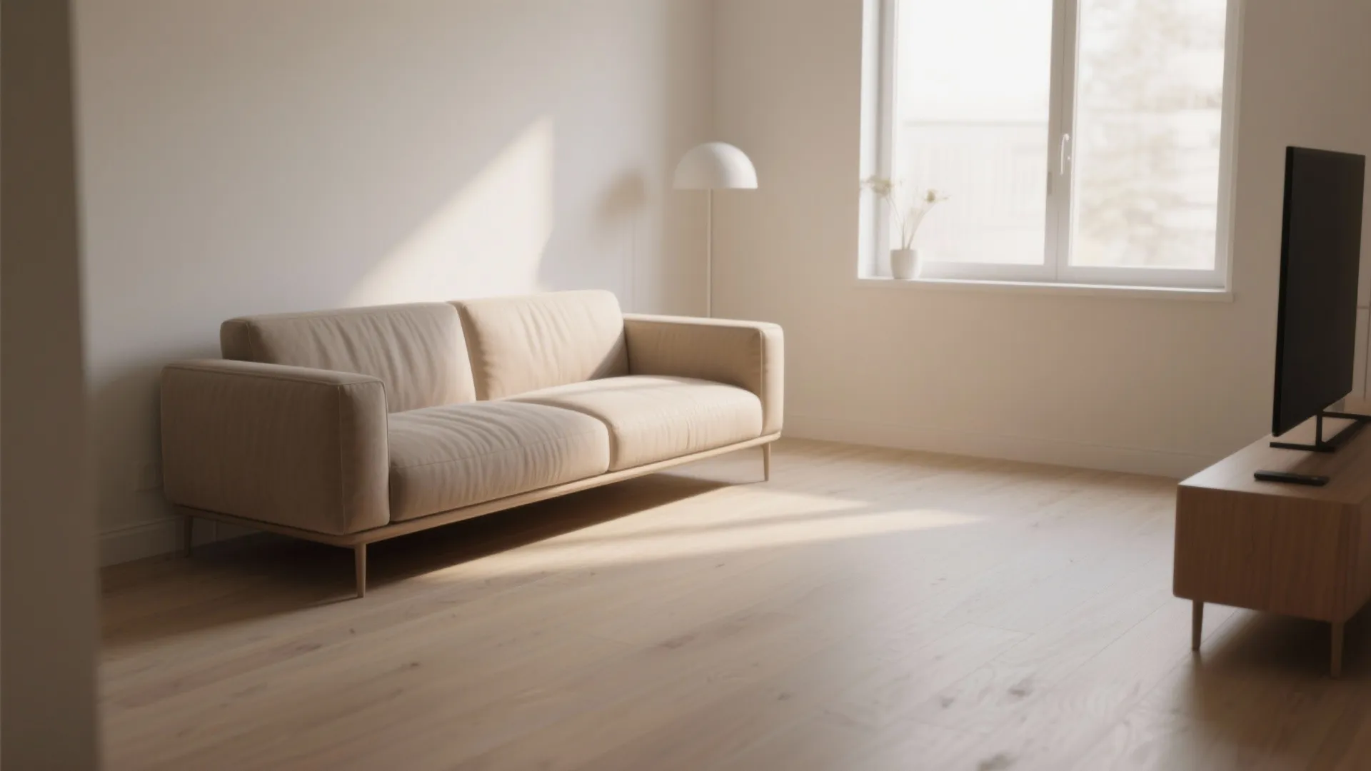 Minimalist living room with beige sofa wooden floor floor lamp television and bright natural light