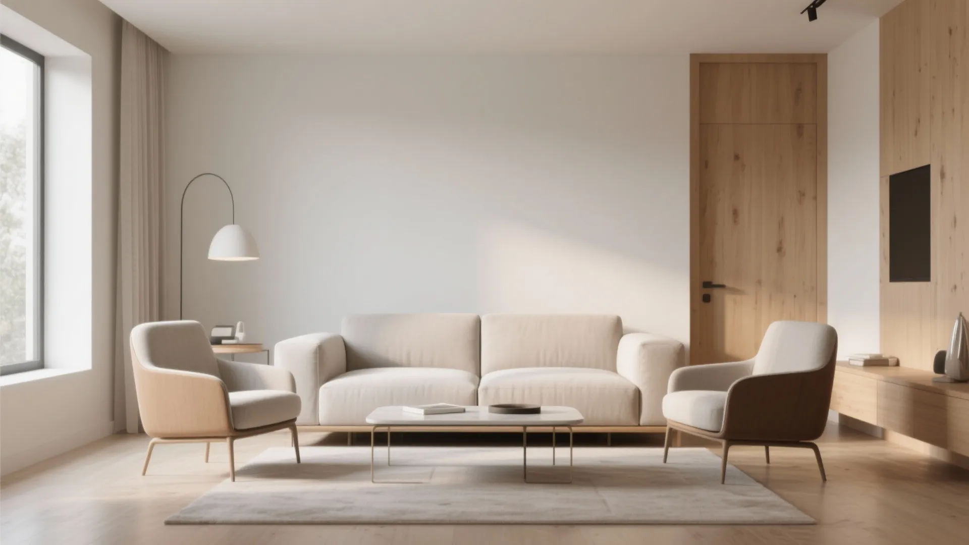 Minimalist living room layout with cream sofa two armchairs marble coffee table and wooden door