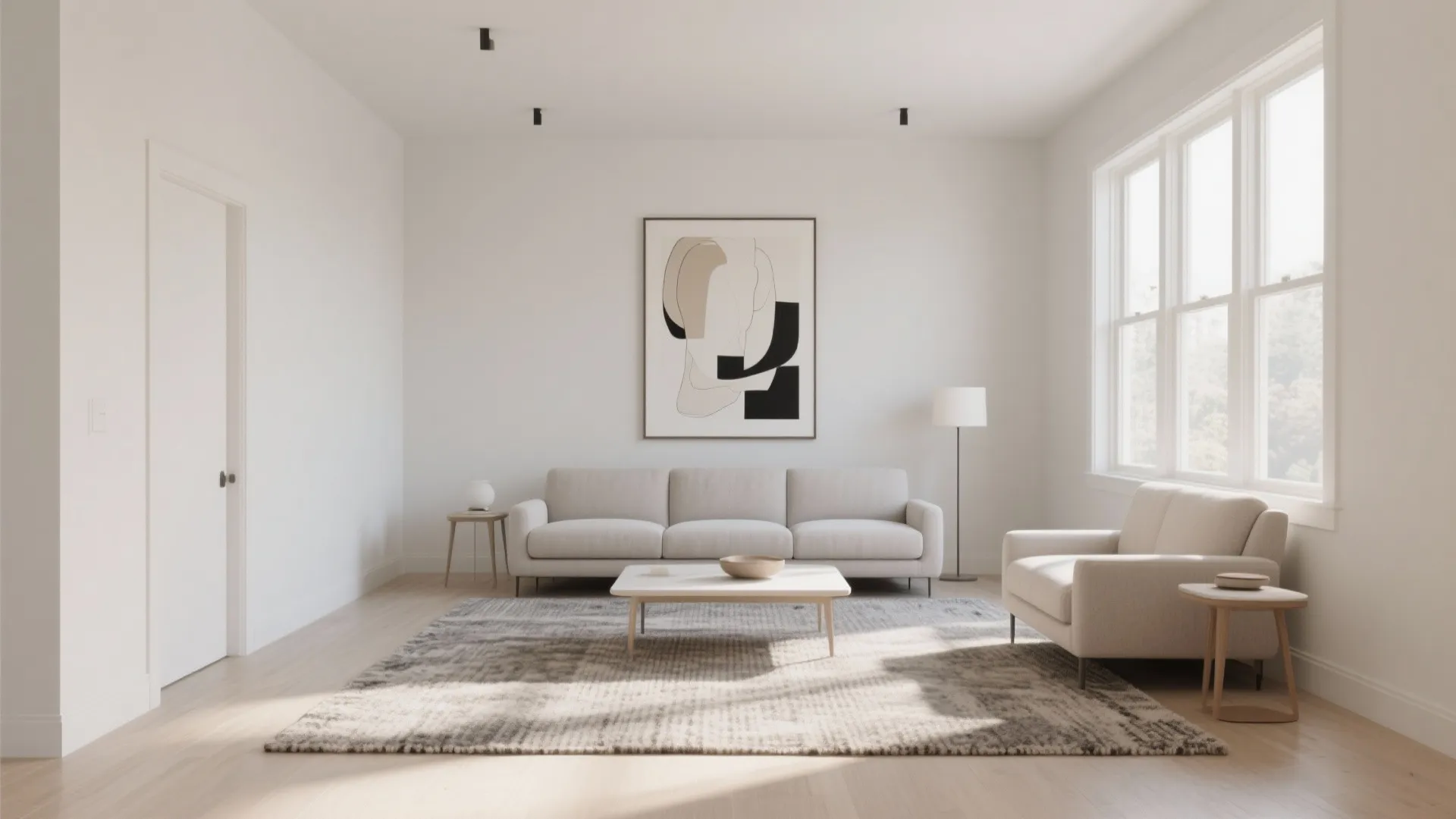 Minimalist living room with beige sofa armchair white walls abstract art and large bright window