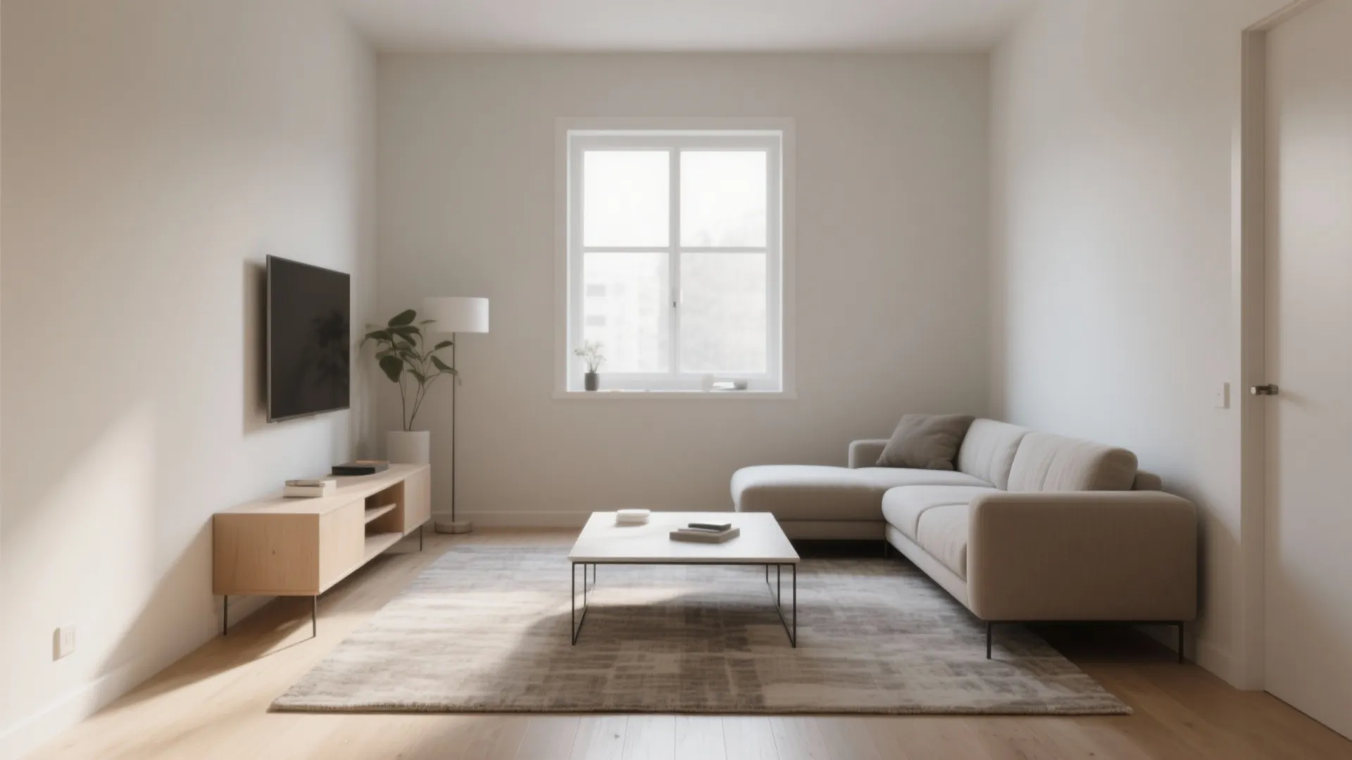 Minimalist living room with beige sofa white walls wood floor television cabinet and natural light