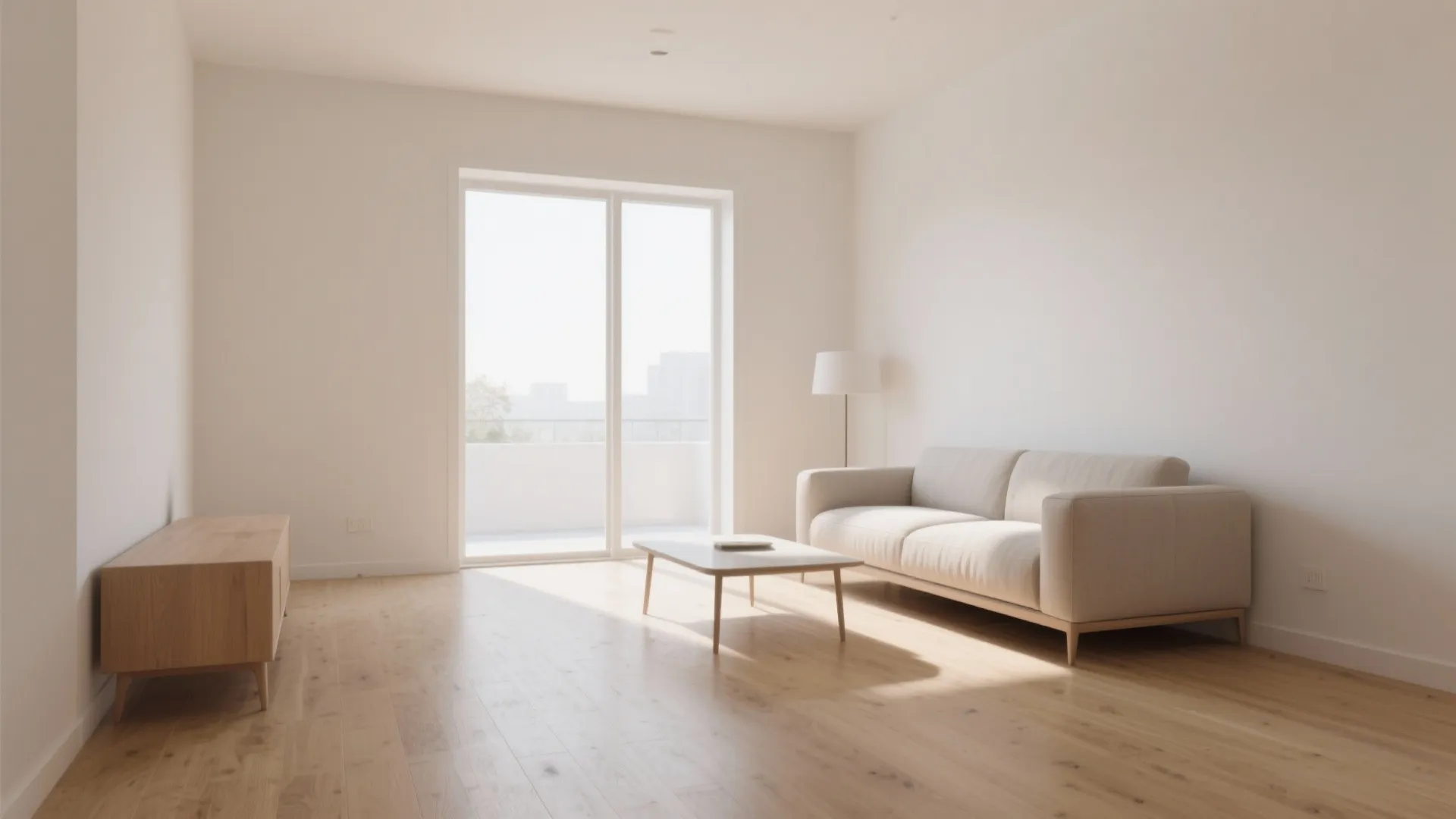 Minimalist living room with white walls, beige sofa, wooden cabinet, coffee table, and glass door